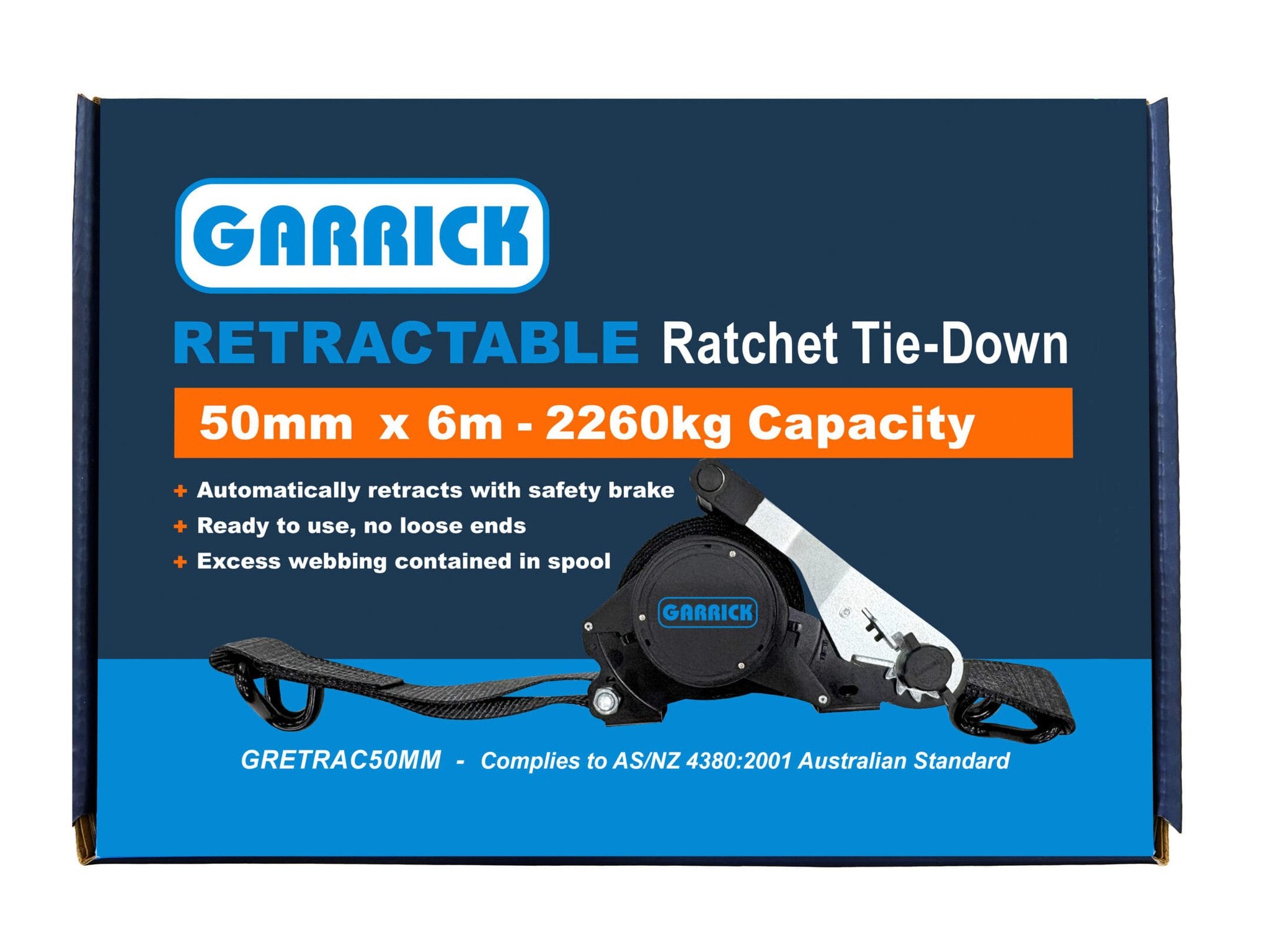 Garrick Retractable Tie Down 50mmx6Mx2260kg capacity GRETRAC50MM