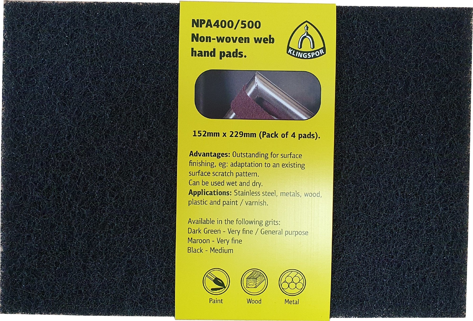 Klingspor 358998 NPA 500 hand pad non woven 152 x 229 mm medium black sleeve of 5 pads