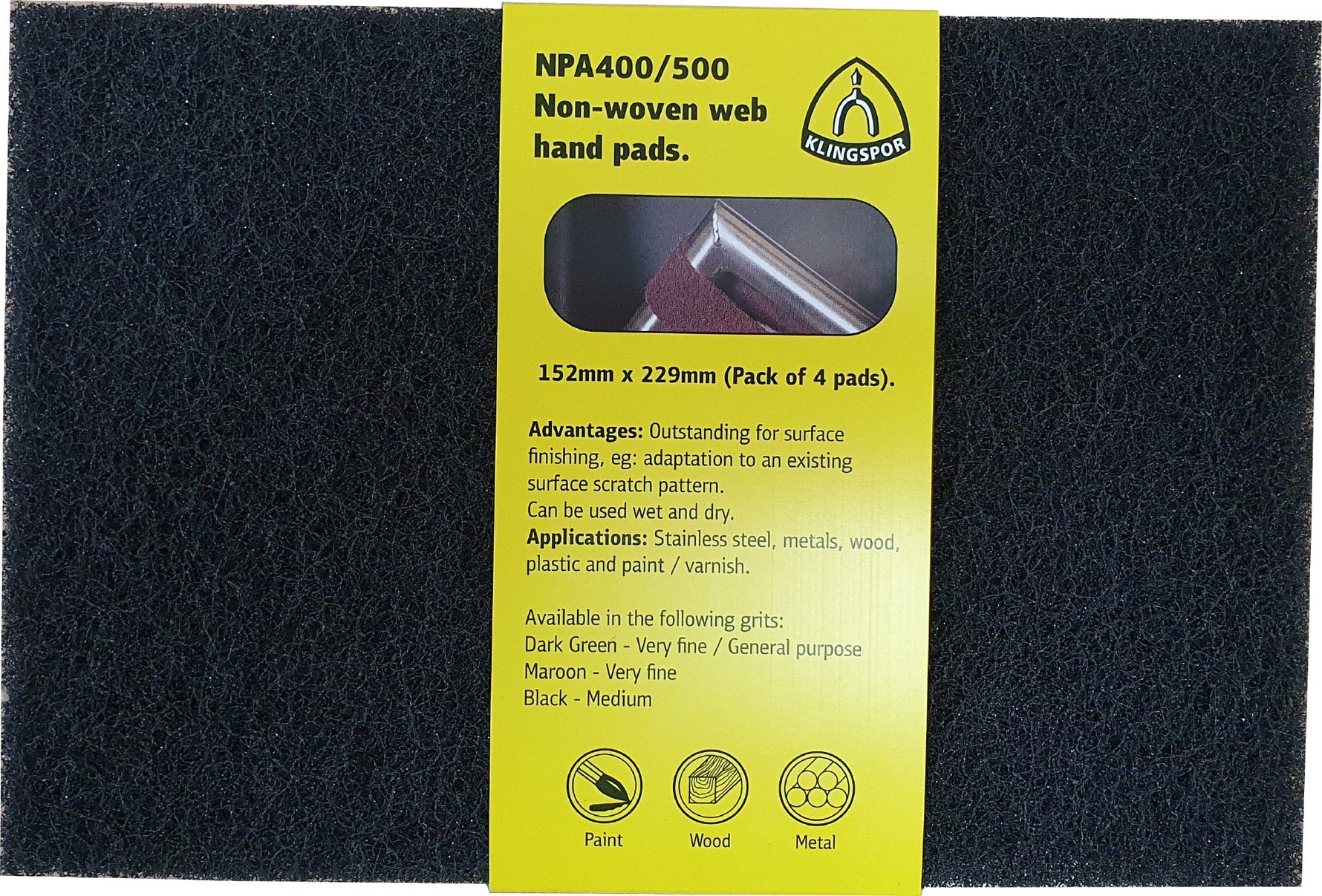 Klingspor 358998 NPA 500 hand pad non woven 152 x 229 mm medium black sleeve of 5 pads