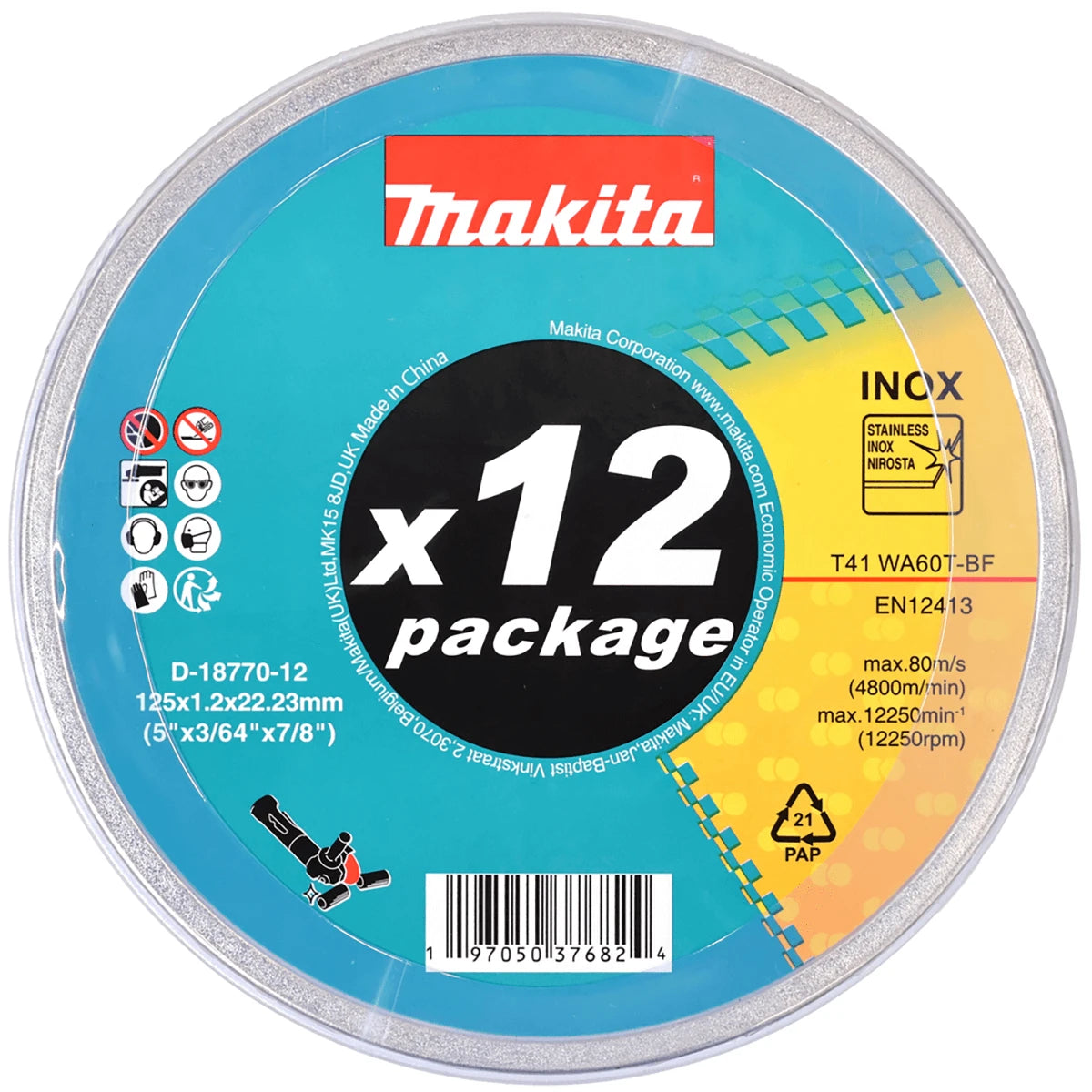 Makita 125mm X 1.2mm X 22mm Inox Cutting Disc WA60T - 12pc Tin D-18770-12