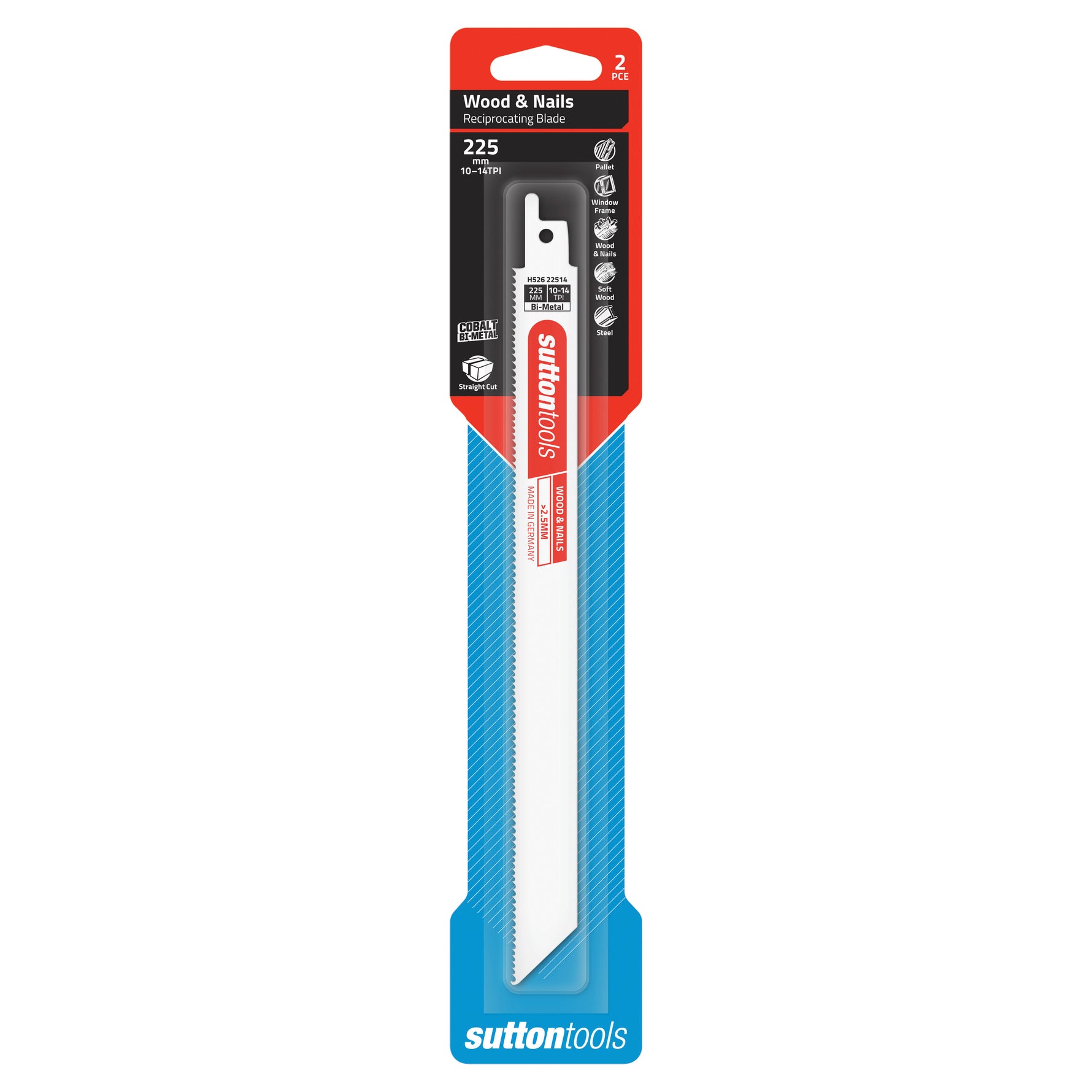 Sutton Tools Blade Recip Bim Wood/Nail 225x19x1.27MM 10-14Tpi 2Pk H52622514