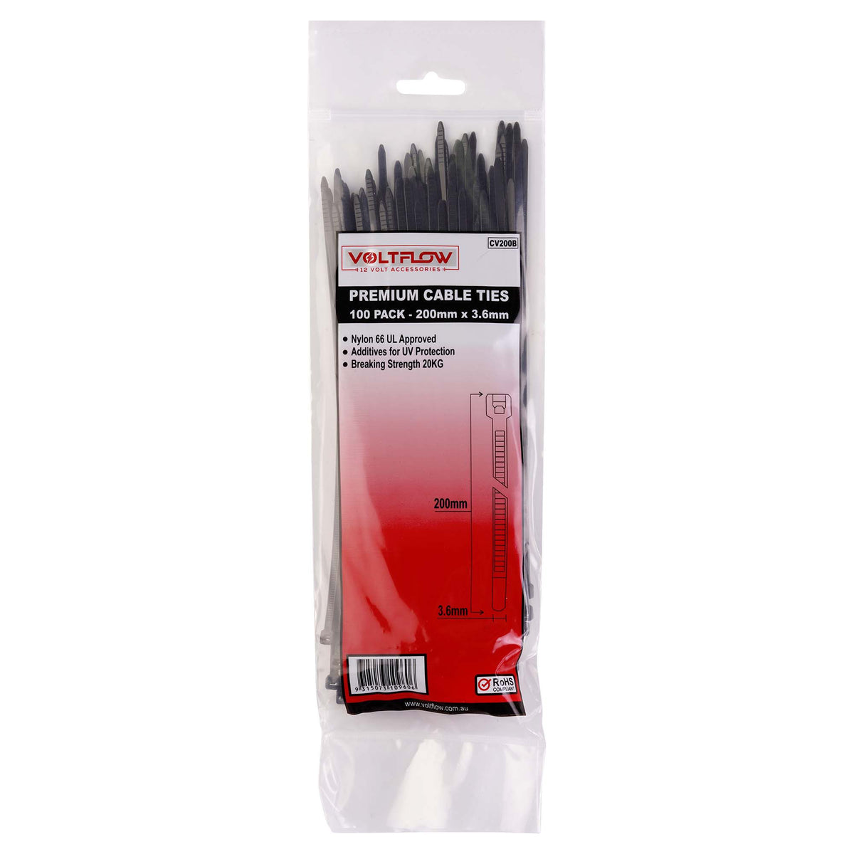 VoltFlow Premium Cable Ties 200mm x 3.6mm Black 100 Pack Nylon 66 UV CV200B
