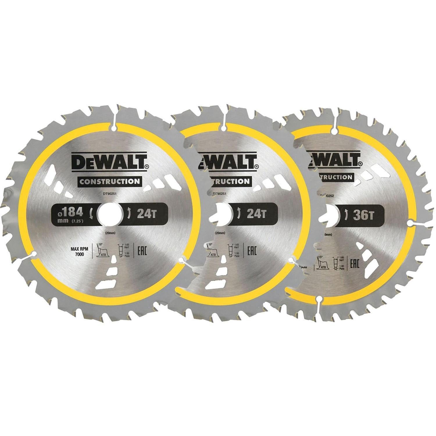 Dewalt 184mm Circular Saw Blade 3 Pack 2x24T/1x36T DTZ902512-XE