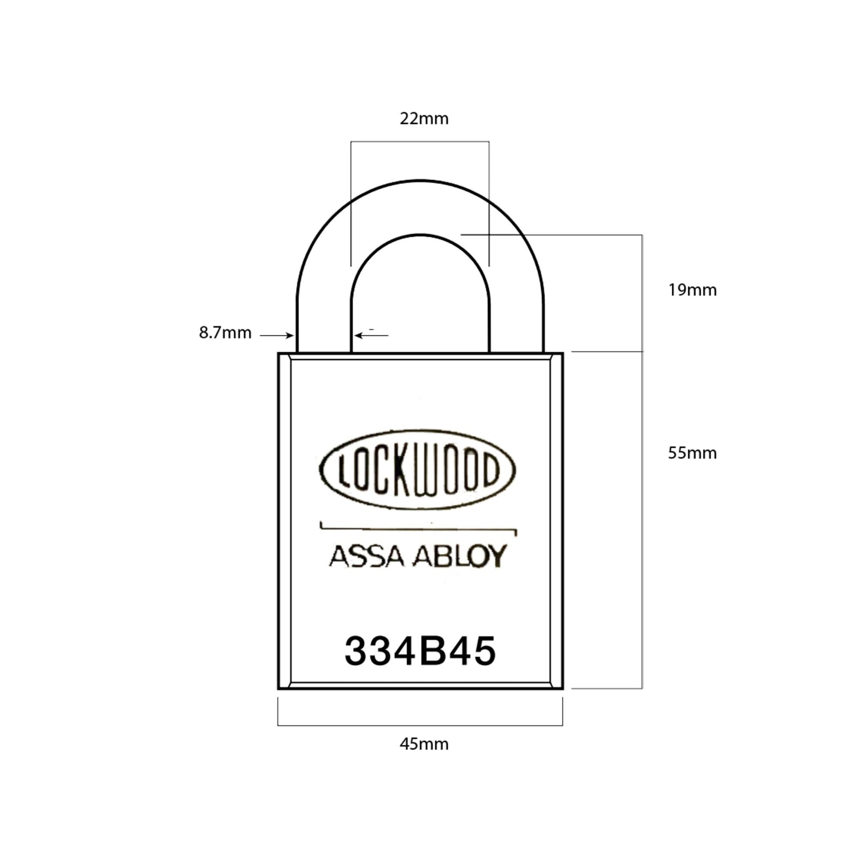 Lockwood 334B 45mm Brass Body Padlock Latching 19mm Boron Steel 8.7mm Diameter Shackle NDP 334B45/119/NDP