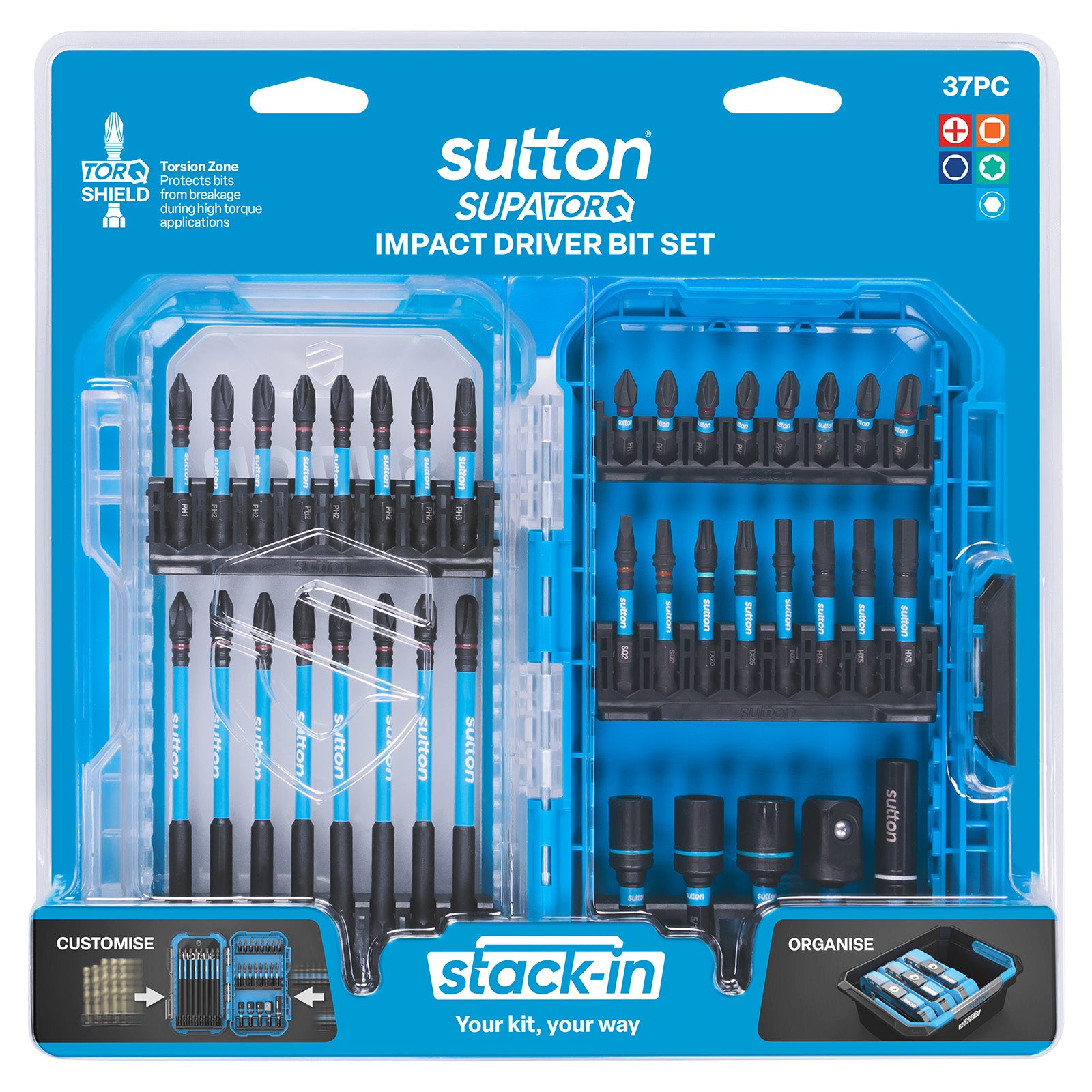 Sutton Tools Scrdrv Bit Supatorq Insert/Power Bits Stack-In Set 37Pc S250S37A