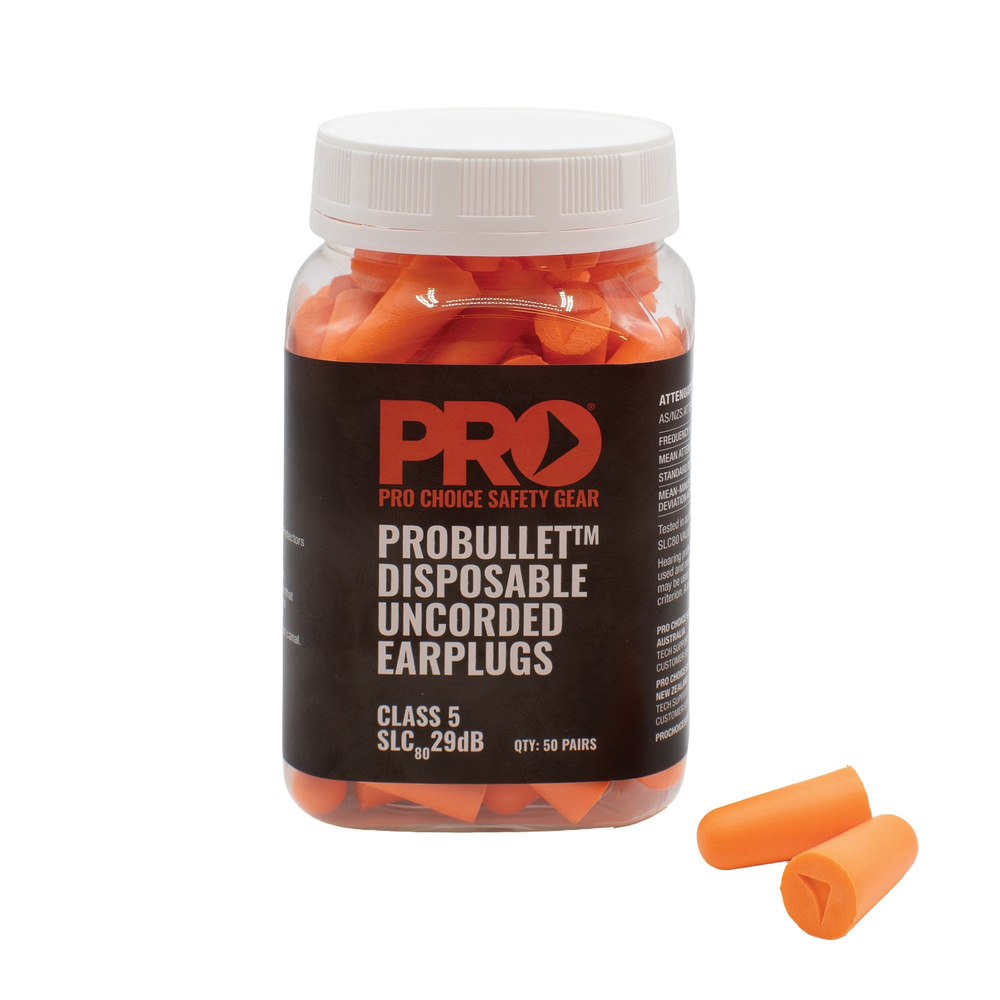 Pro Choice Safety Gear Orange Probullet Disposable Uncorded Earplugs 50 Pack