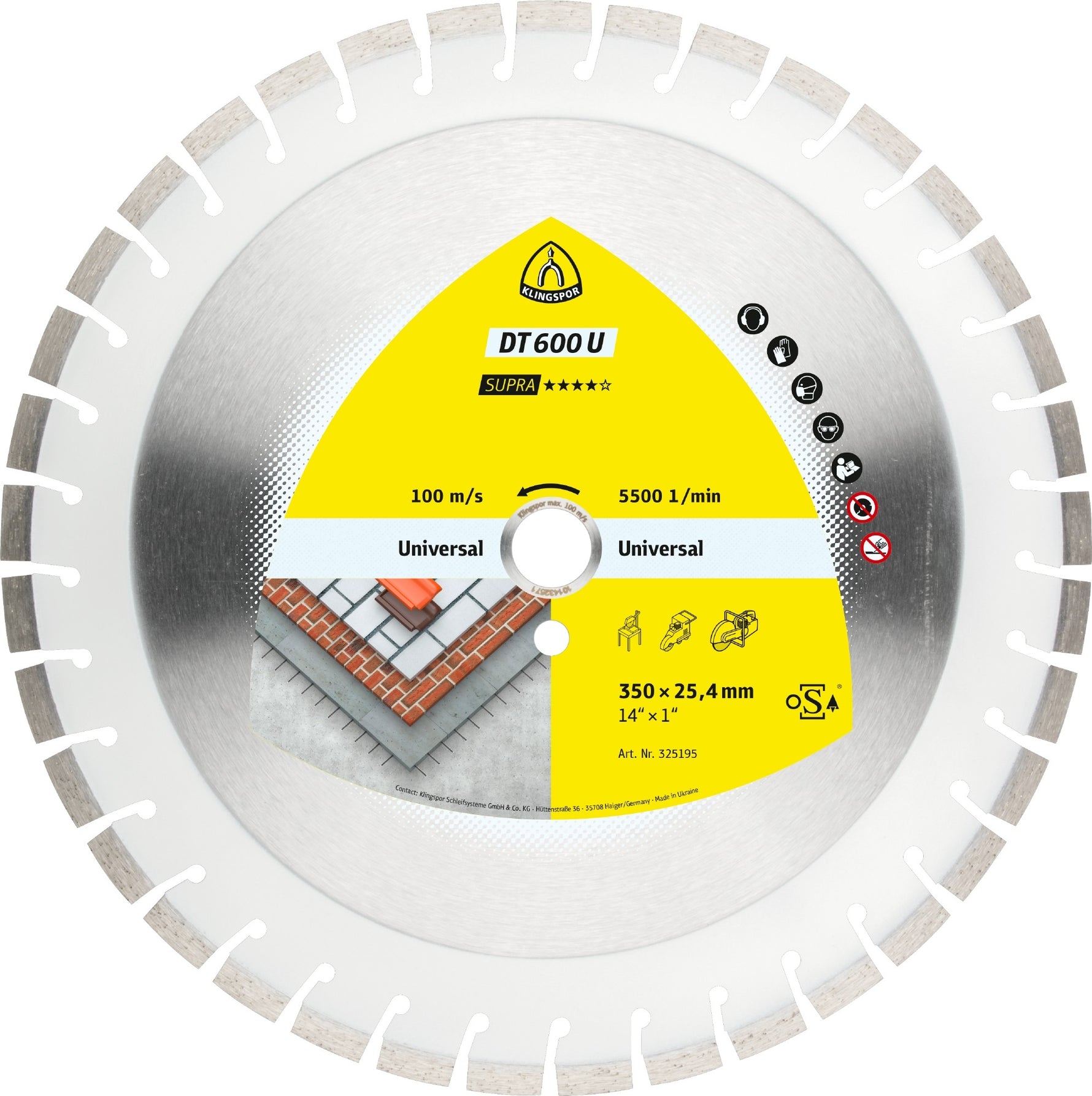 Klingspor 325195 DT 600 U 350mm x3mm x25.4mm diamond cutting blade for construction materials/concrete/chalky sandstone
