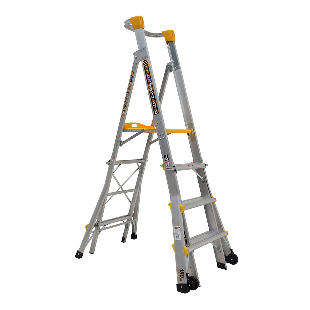 Gorilla PL0406-HD Adjustable height platform ladder 1.2-1.5-1.8M (4-5-6ft) Aluminium Heavy Duty 180kg Industrial