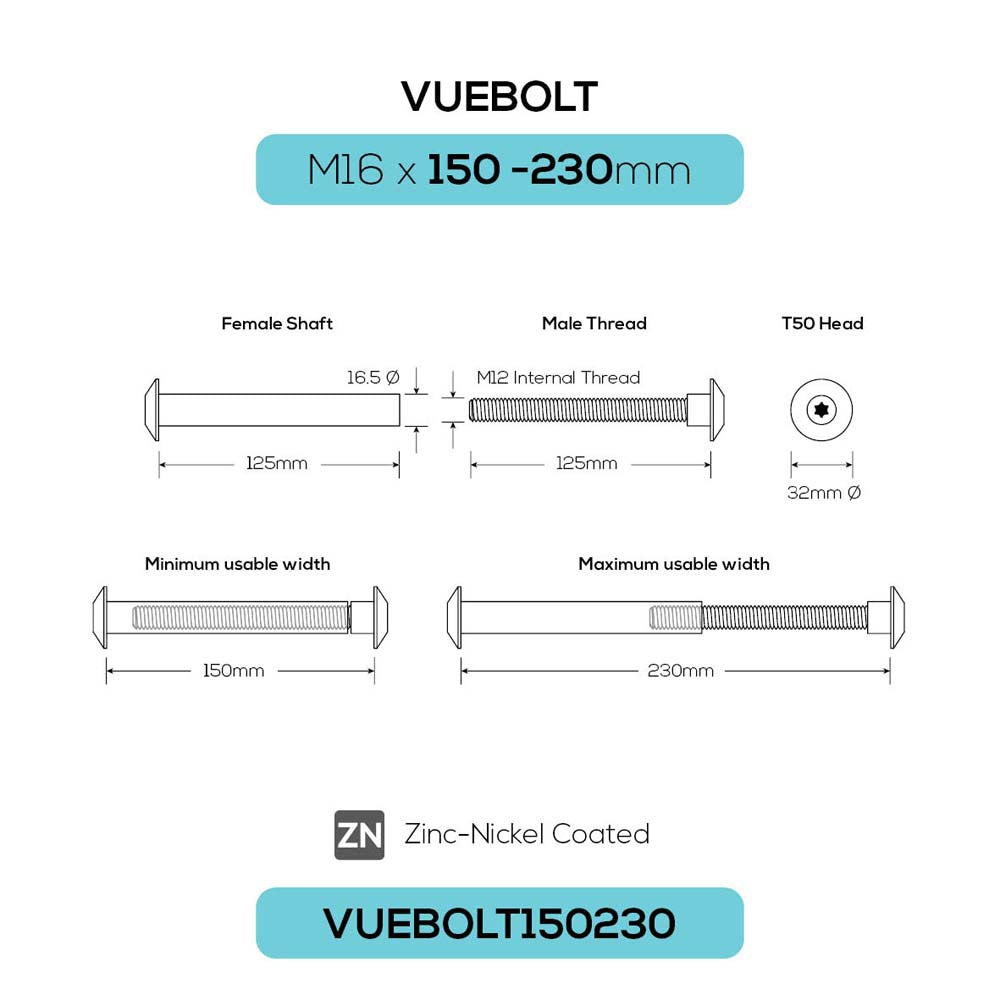 Vuetrade Vuebolt Concealed Thread Bolts - M16 x 150-230mm VUEBOLT150230