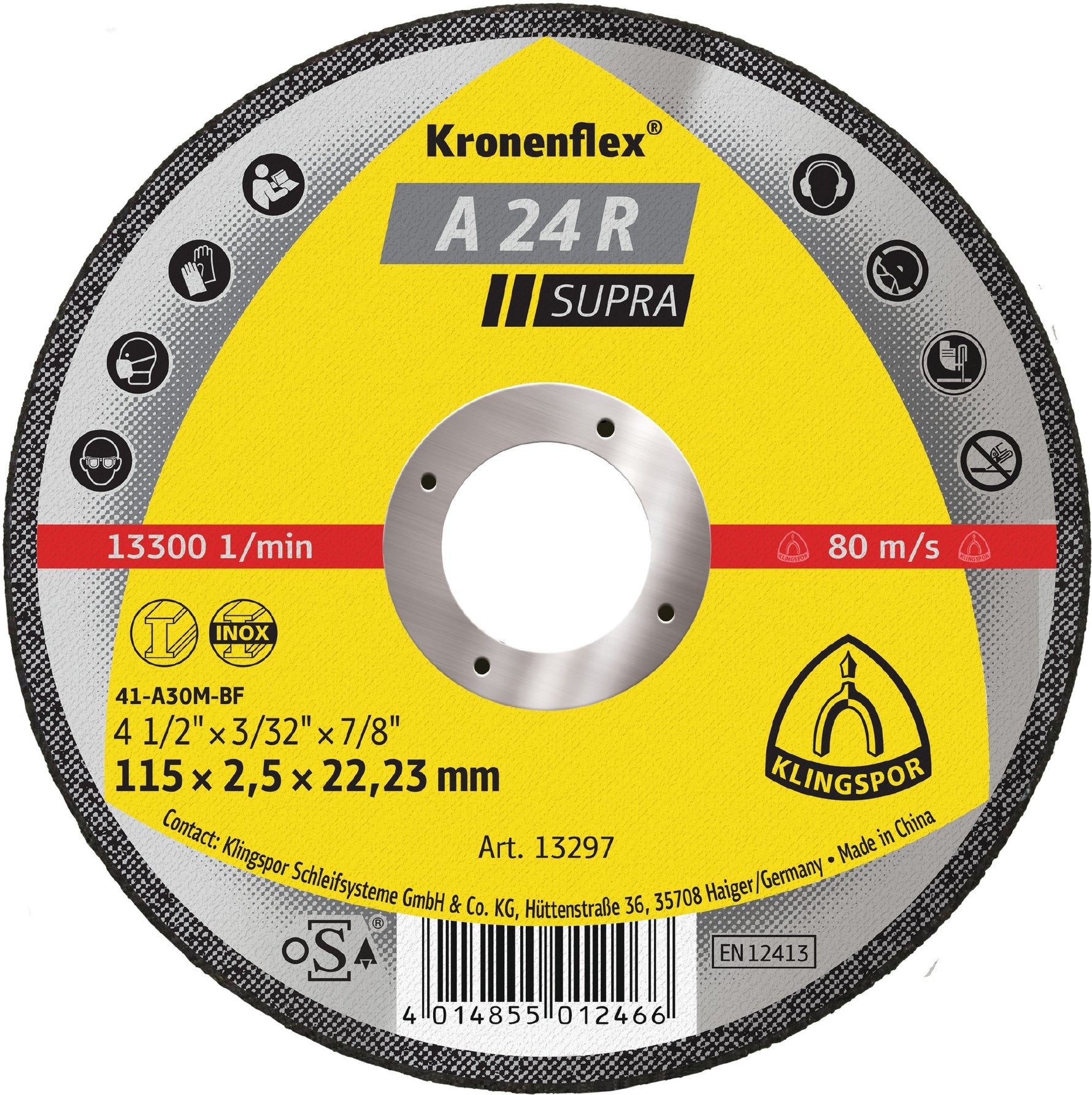 Klingspor 13297 A24 R 115mm x2.5mm x22.23mm steel cut off wheel