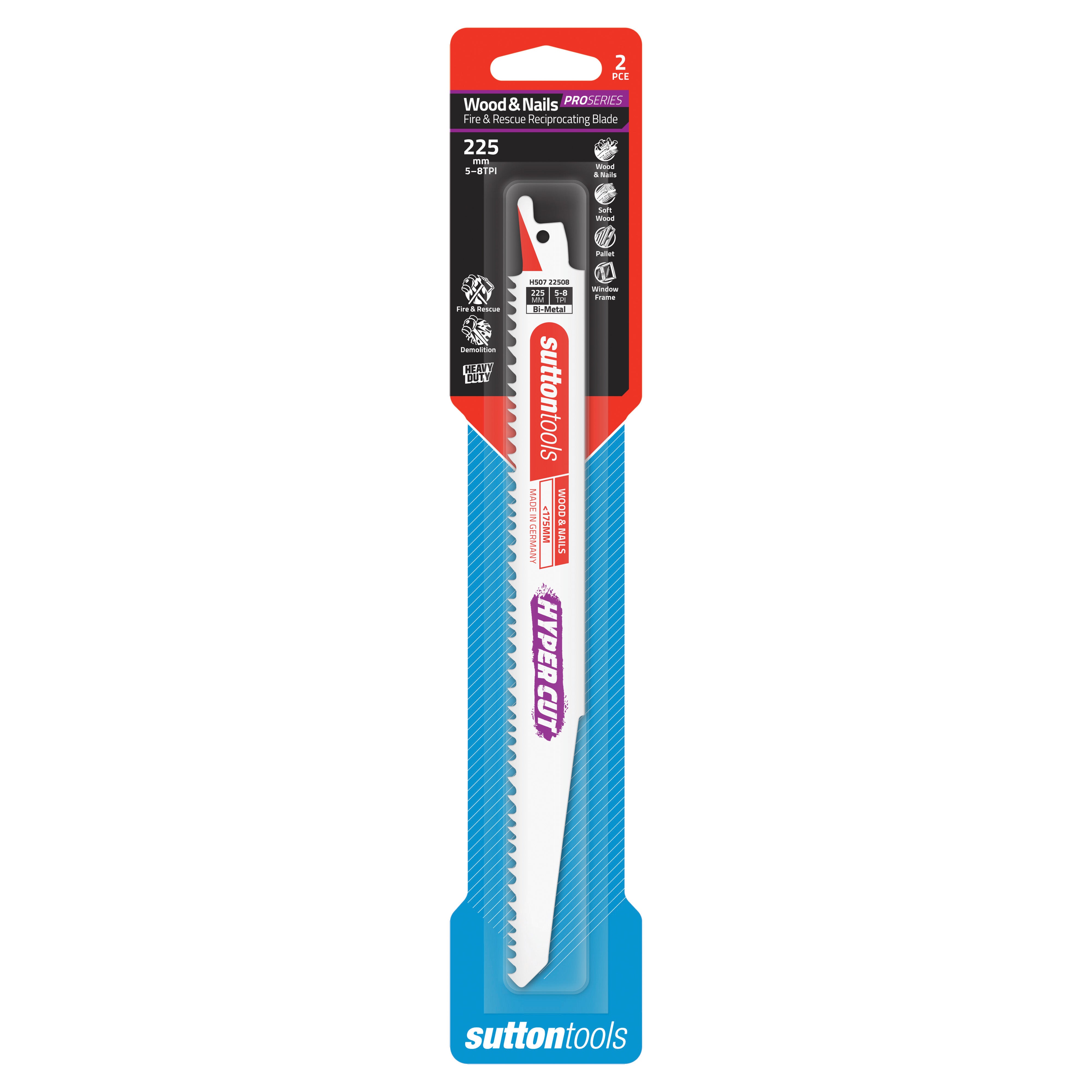 Sutton Tools Blade Recip Bim Resc Demo Hyp 225x22x1.57MM 5-8Tpi 2Pk H50722508