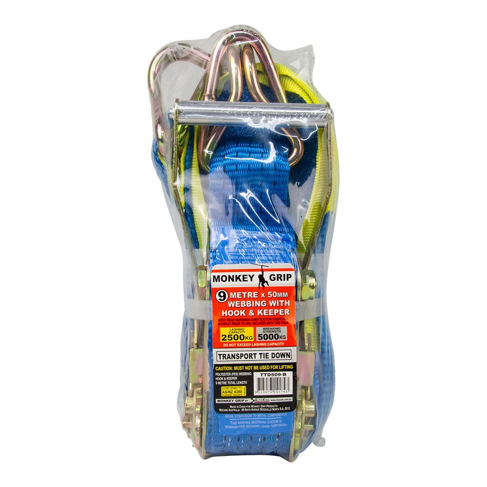 Monkey Grip 50mm Transport Tie Down 2500kg LC 9m Trade Pack Hook & Keeper TTD509-B
