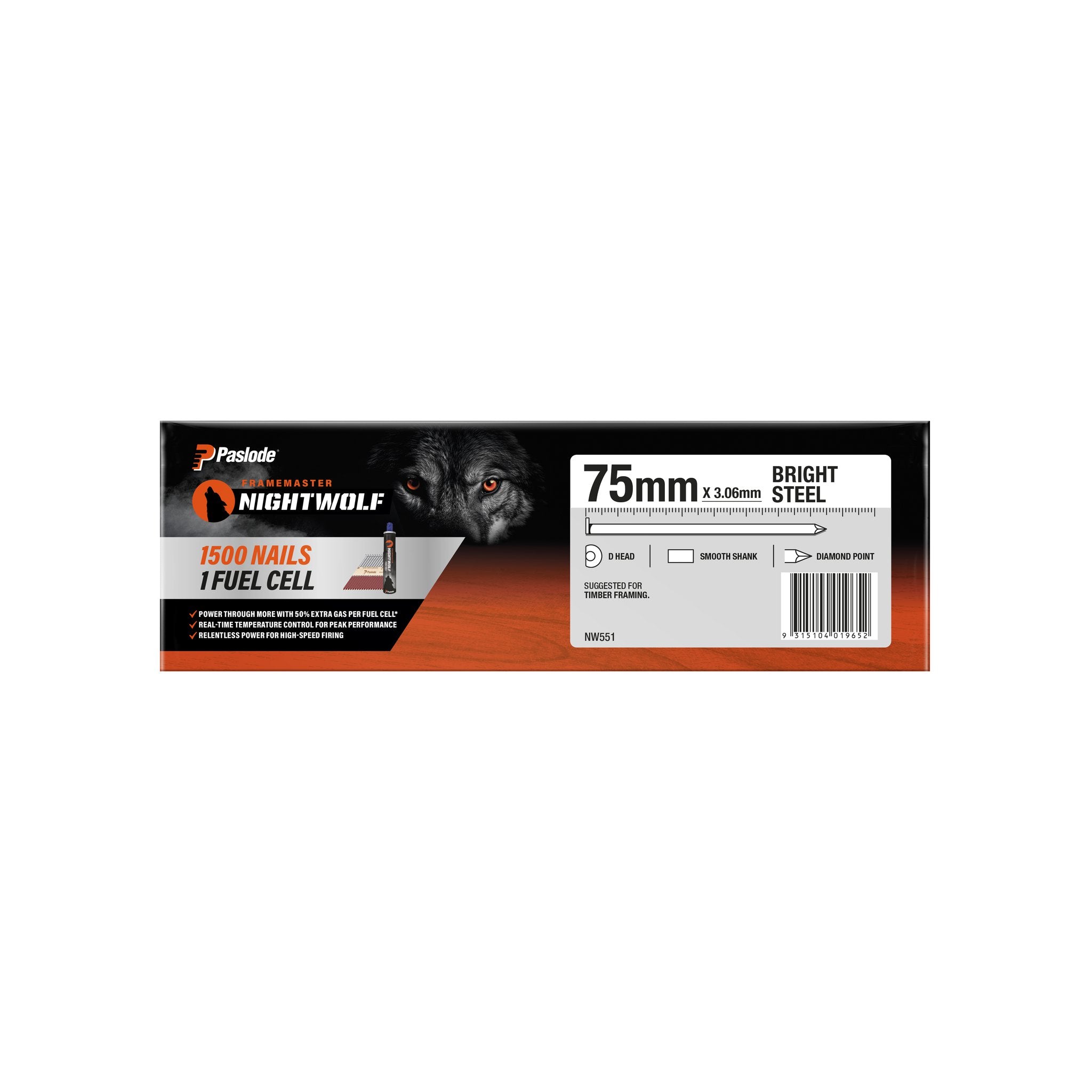 Paslode Framemaster Nightwolf 75X3.06mm Bright D-Head Smooth Nail 1500
