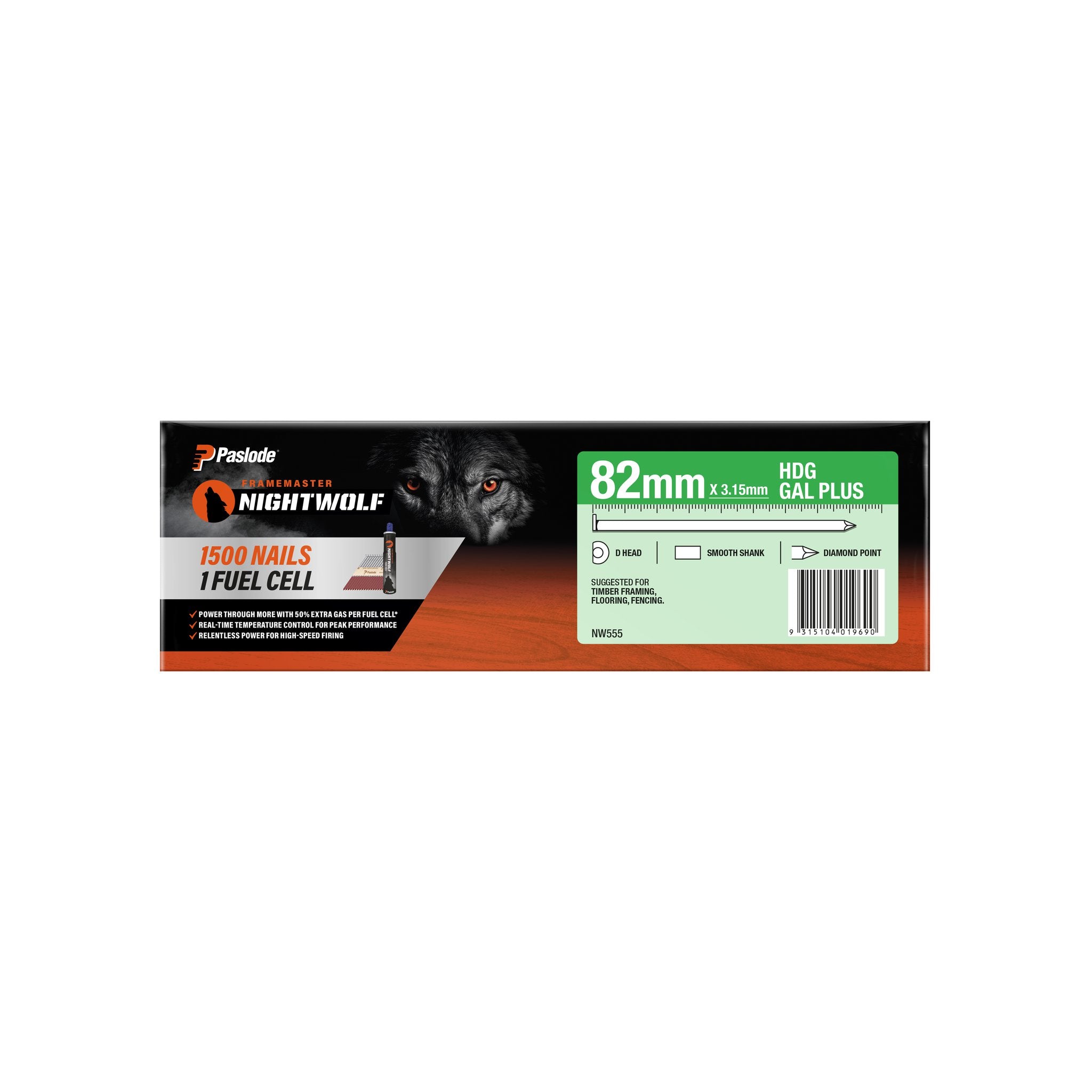 Paslode Impulse Nightwolf 82x3.15mm Hd Galv D-Head Smooth Nail & 1 Fuel Cell - 1500 Pack NW555