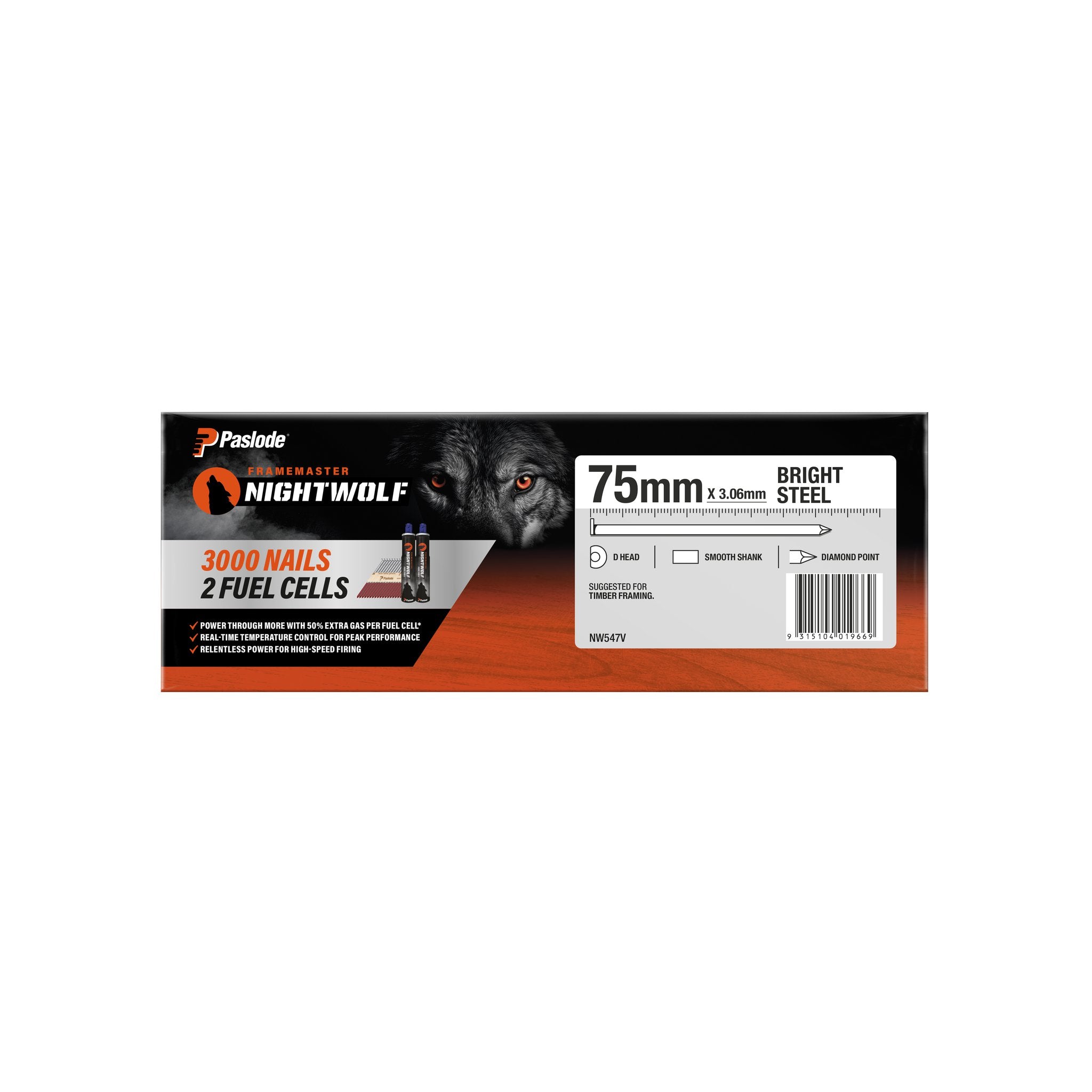 Paslode Impulse Nightwolf 75x3.06mm Bright D-Head Smooth Nails & 2 Fuel Cells - 3000 Pack NW547V
