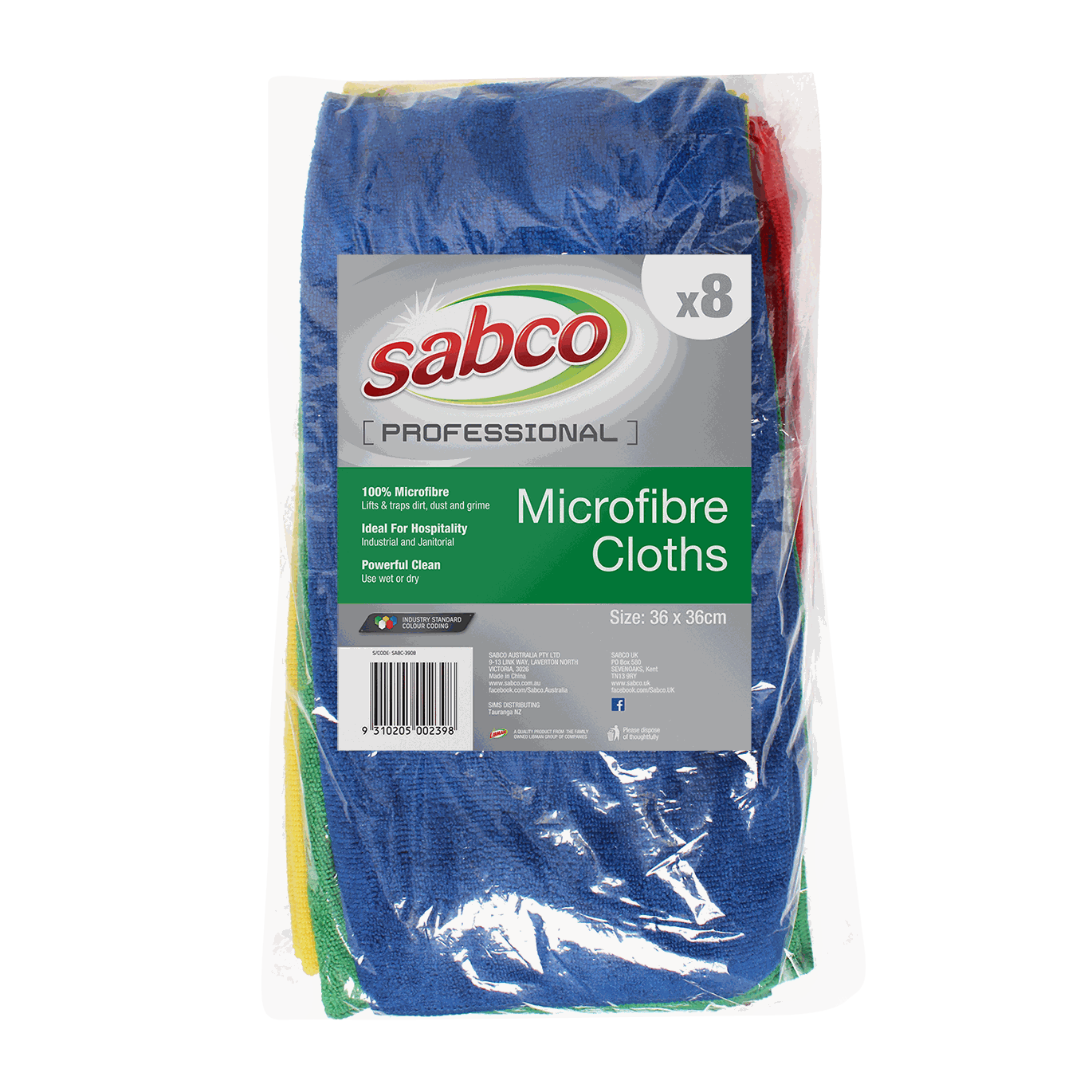 Sabco Professional Mixed coloured M/F Cloths 8 Pk  - 36 x 36 cm