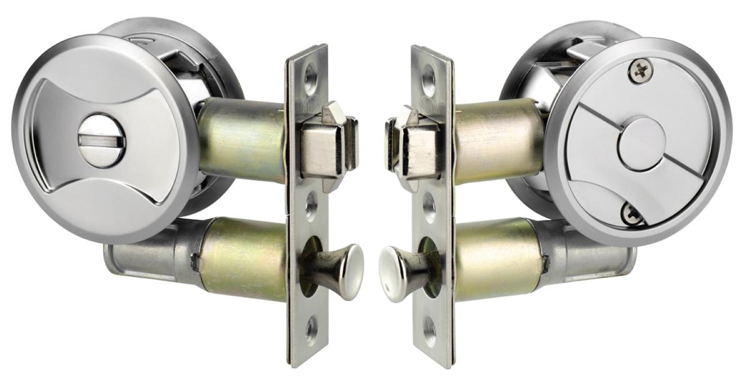 Lockwood Symmetry Round Cavity Sliding Door Satin Pearl Privacy Set DP 7400SPDP