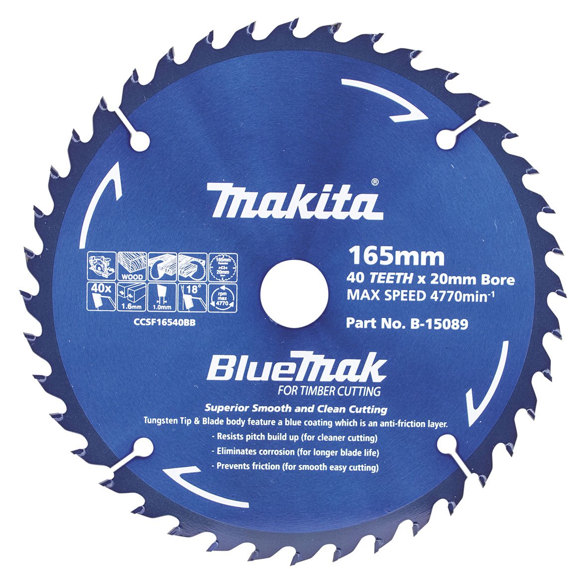 Makita Bluemak TCT Saw Blade 165mm X 20mm X 40T B-15089