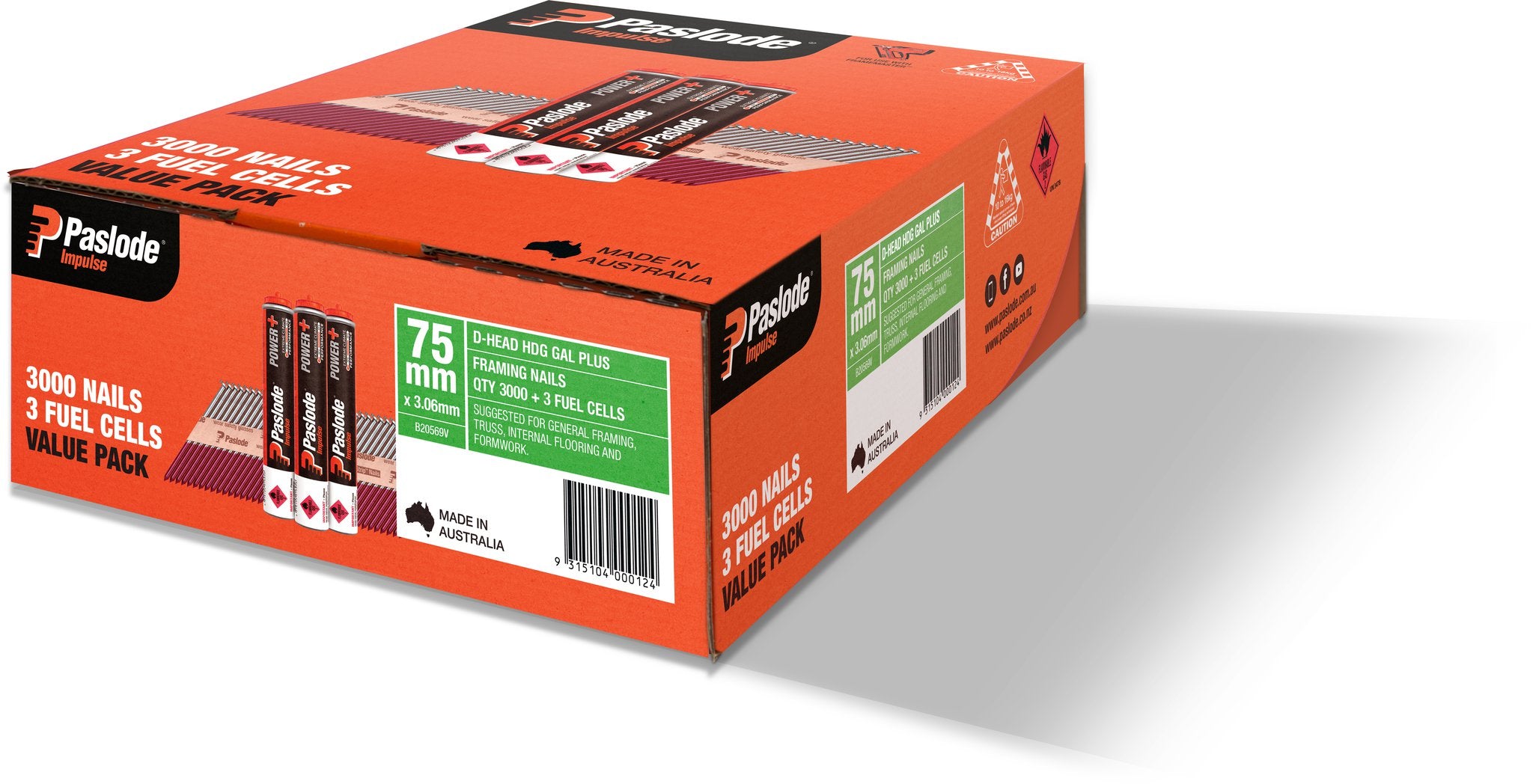 Paslode 75 x 3.06mm Hdg Impulse D Head Nail With Fuel - 3000 Pack B20569V