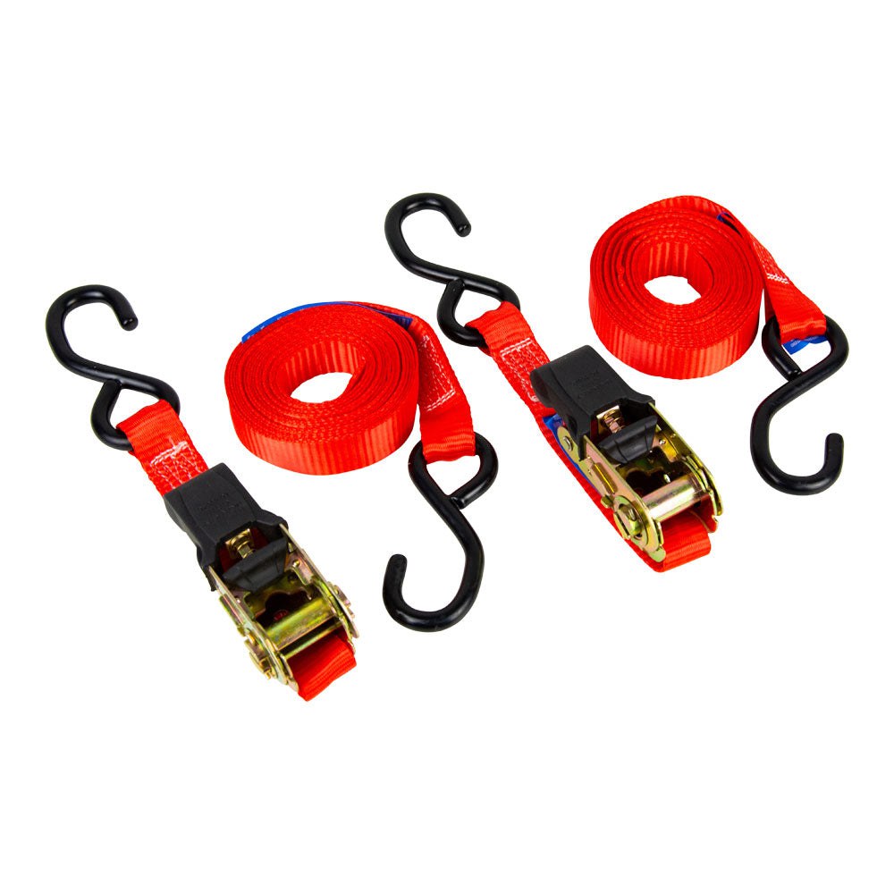 Monkey Grip Ratchet Tie Down 450KG Capacity 25mm x 4M Red Rubber Coated S-Hook 2 Pack RTD254-2