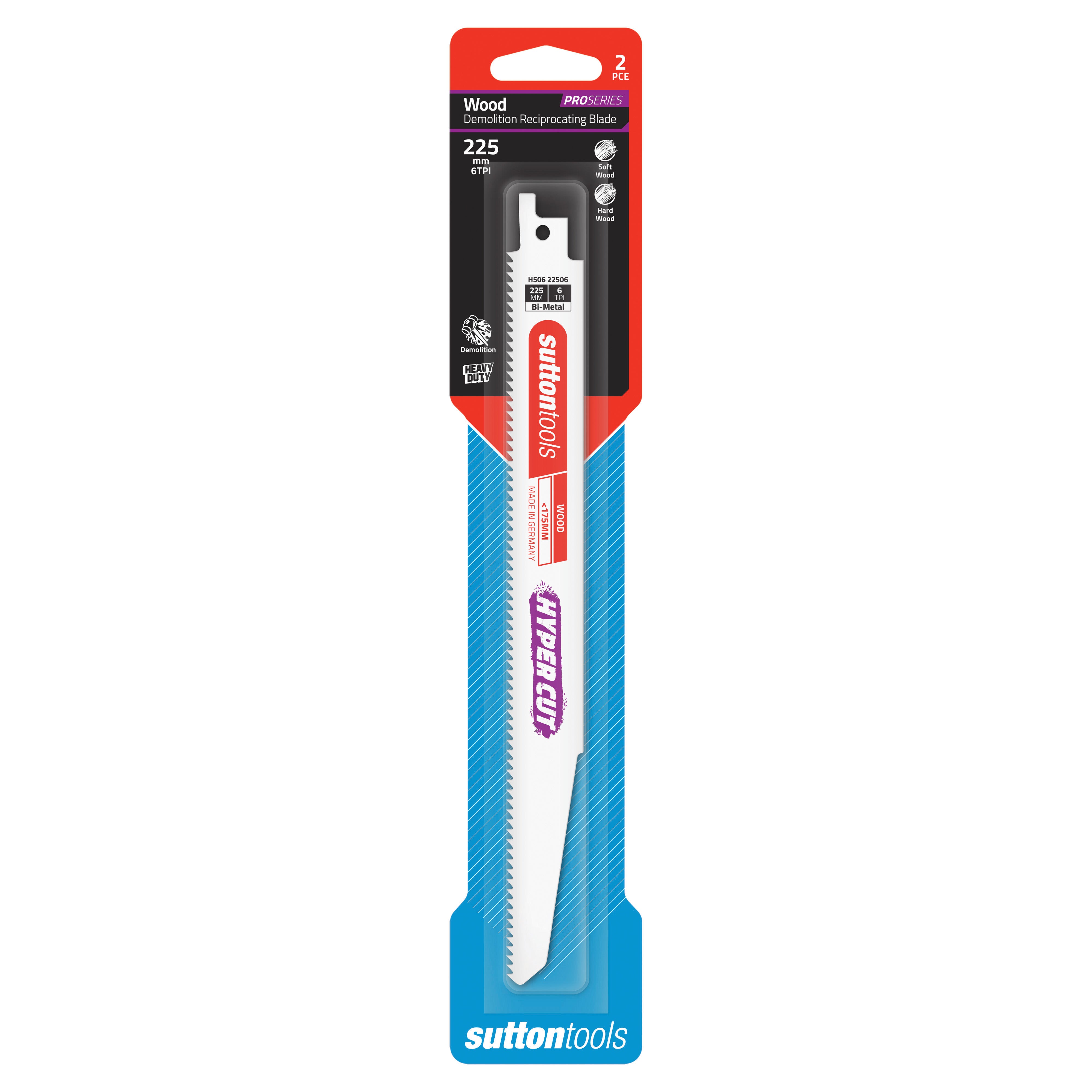Sutton Tools Blade Recip Bim Wood Demo Hyper 225x22x1.57MM 6Tpi 2Pk H50622506