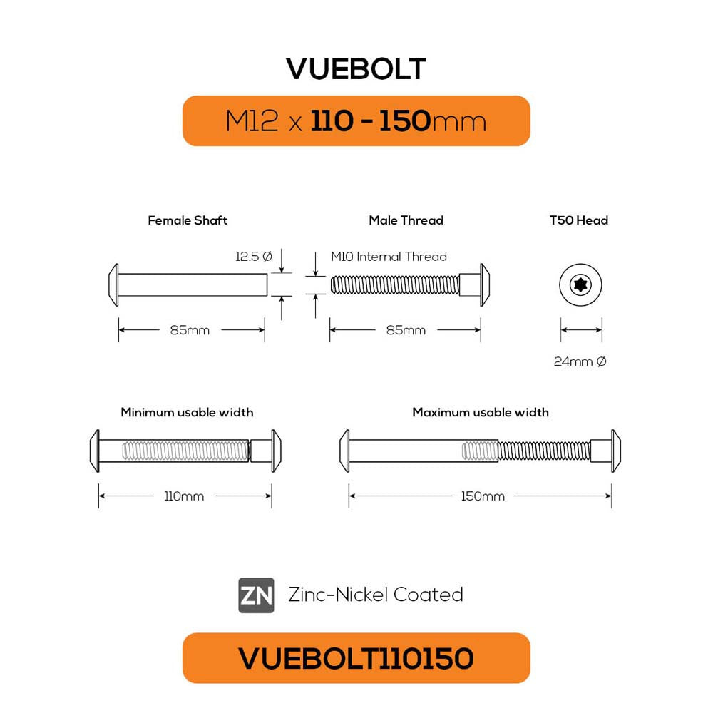 Vuetrade Vuebolt Concealed Thread Bolts - M12 x 110-150mm VUEBOLT110150