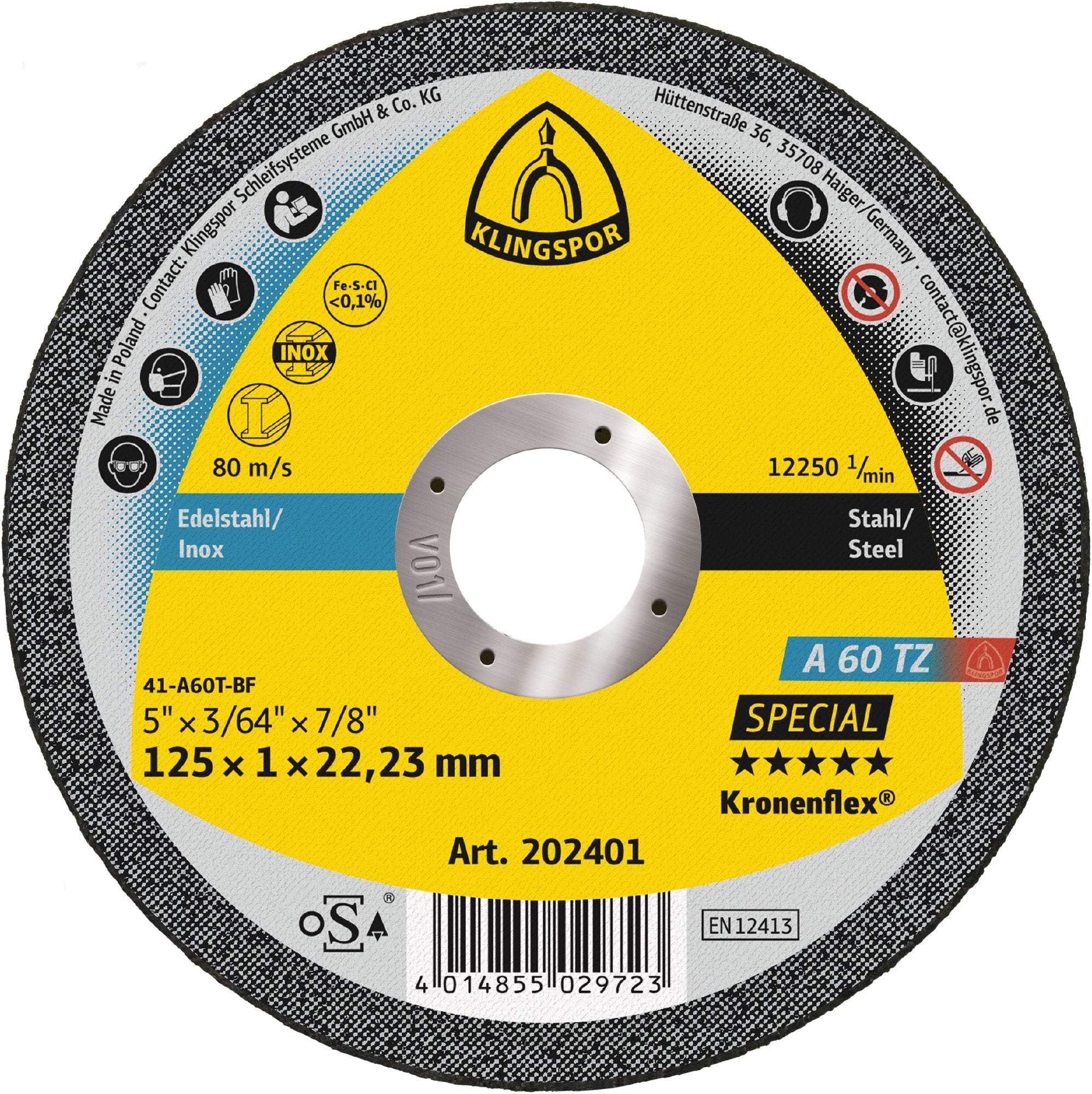 Klingspor 202400 A60 Tz 115mm x1mm x22.23mm steel cut off wheel