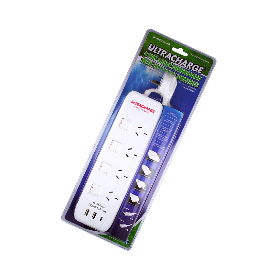 ULTRACHARGE Power Board 4 Switch Surge With 3xusb 3.4A Total UR100/4SWUC