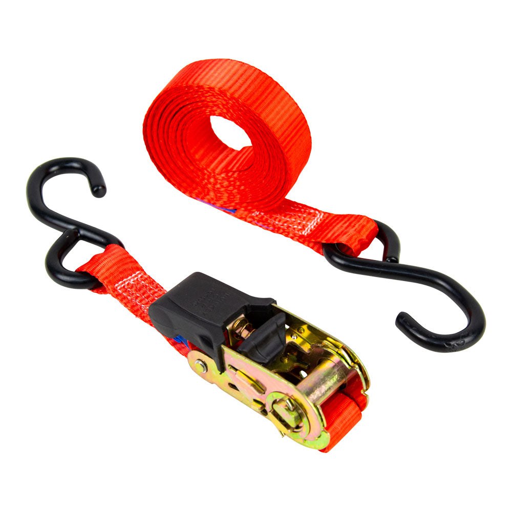 Monkey Grip Ratchet Tie Down 450KG Capacity 25mm x 4M Red Rubber Coated S-Hook 1 Pack RTD254-1