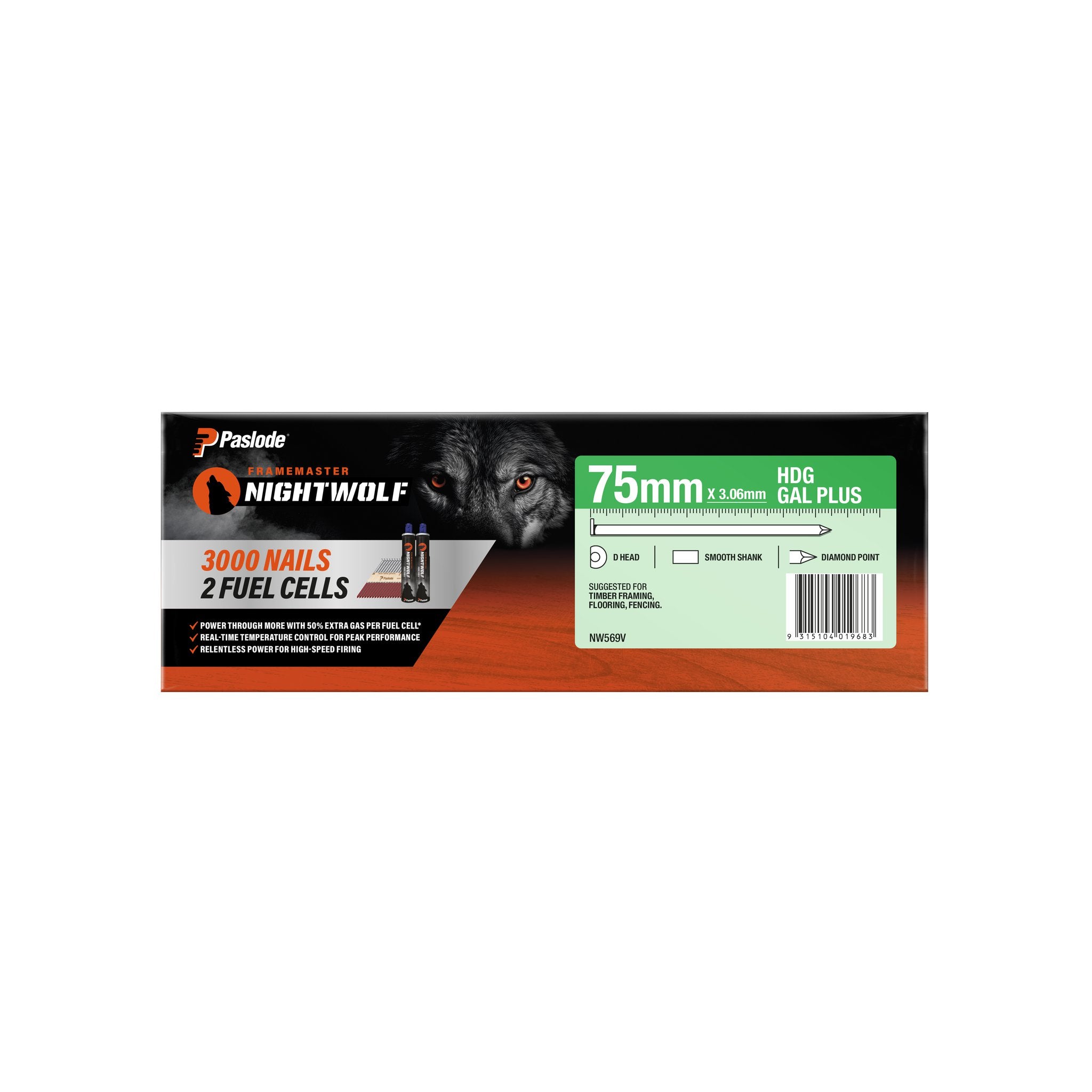 Paslode Impulse Nightwolf 75x3.06mm Hdg Gal Plus D-Head Smooth Nail & 2 Fuel Cells - 3000 Pack NW569V