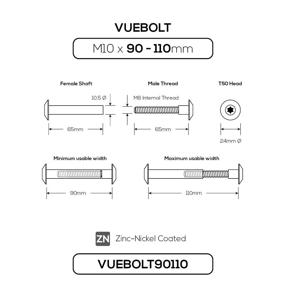Vuetrade Vuebolt Concealed Thread Bolts - M10 x 90-110mm VUEBOLT90110
