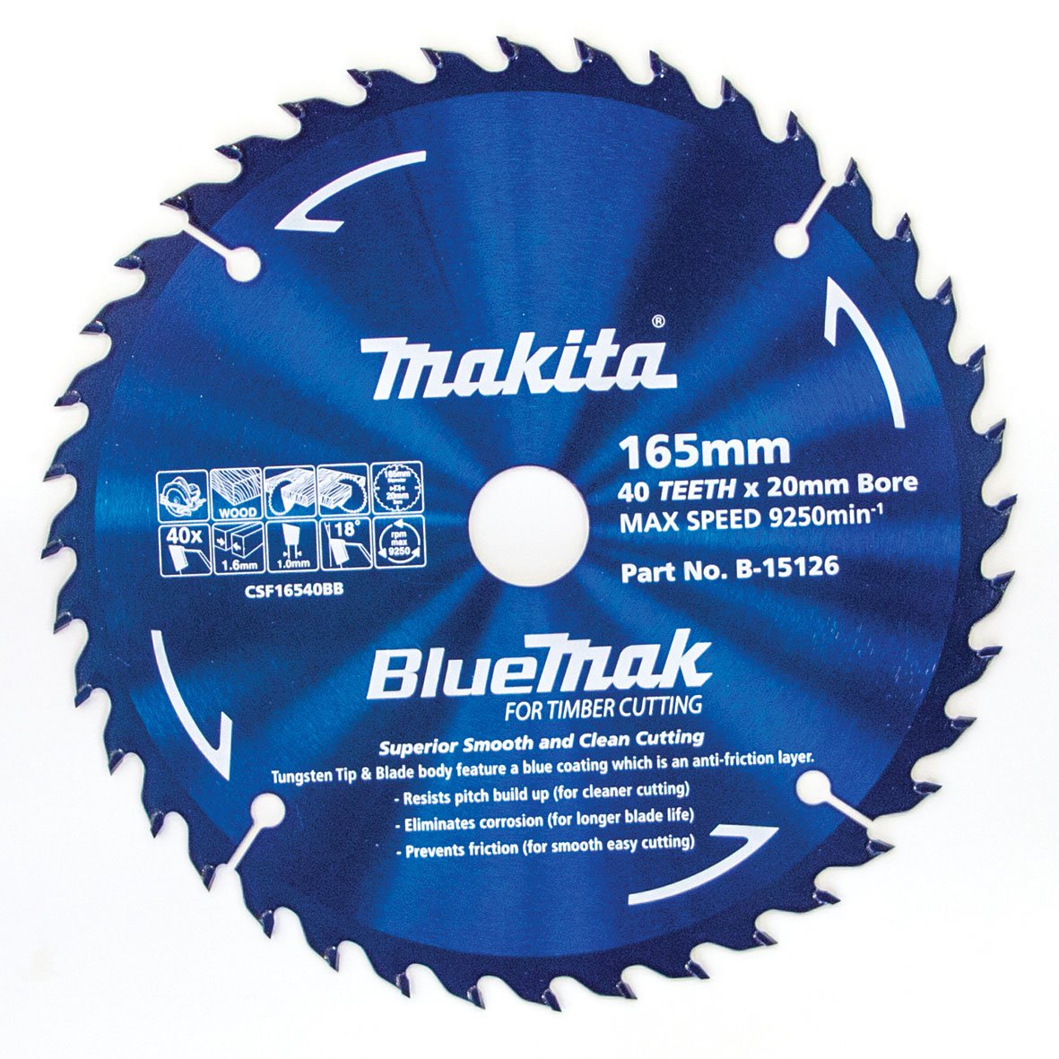 Makita Bluemak TCT Saw Blade 165mm X 20/16mm X 40T B-15126