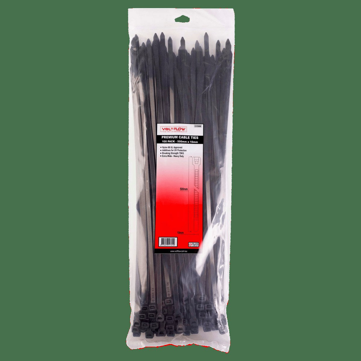 VoltFlow Premium Cable Ties 300mm x 4.8mm Black 100 Pack Nylon 66 UV CV300B