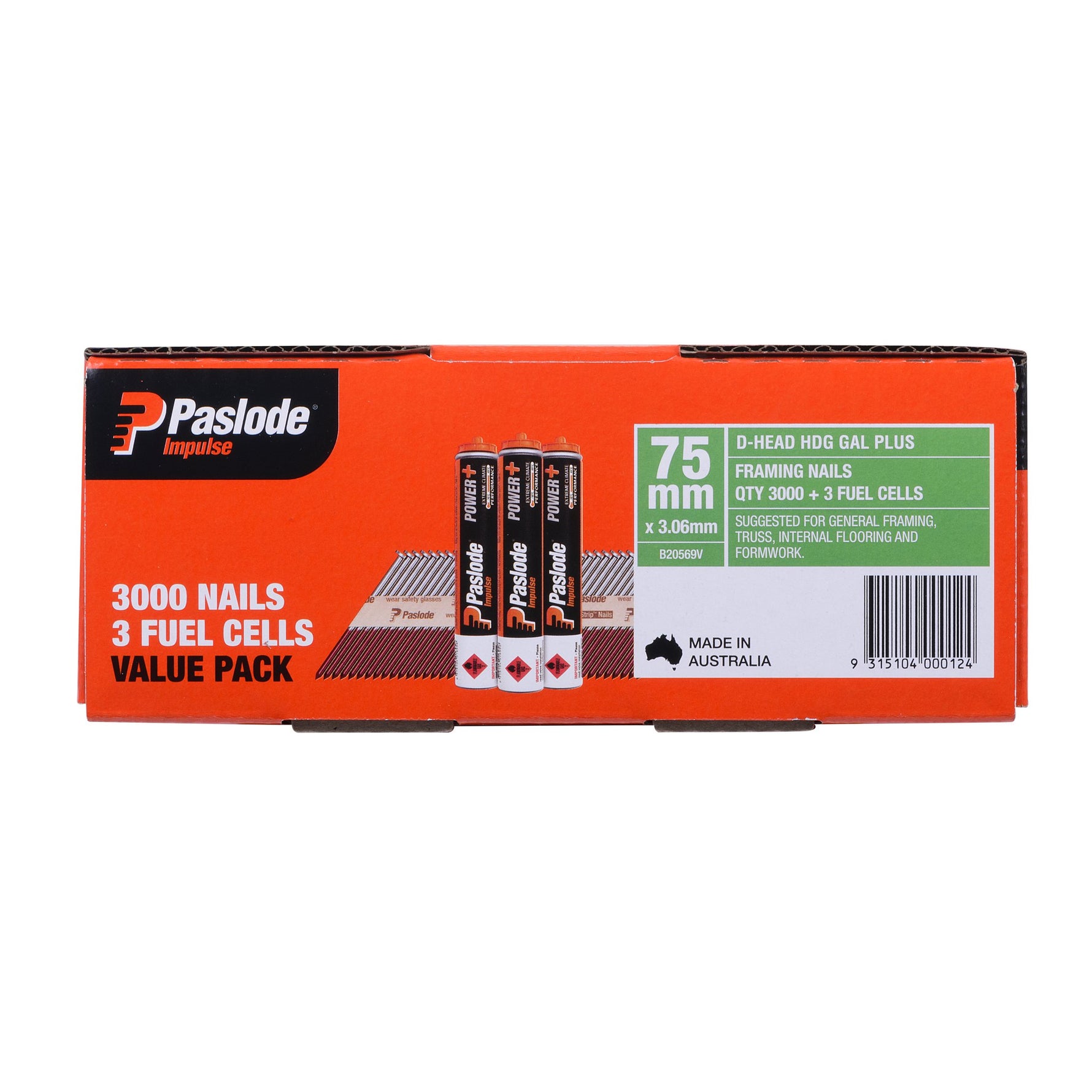 Paslode 75 x 3.06mm Hdg Impulse D Head Nail With Fuel - 3000 Pack B20569V
