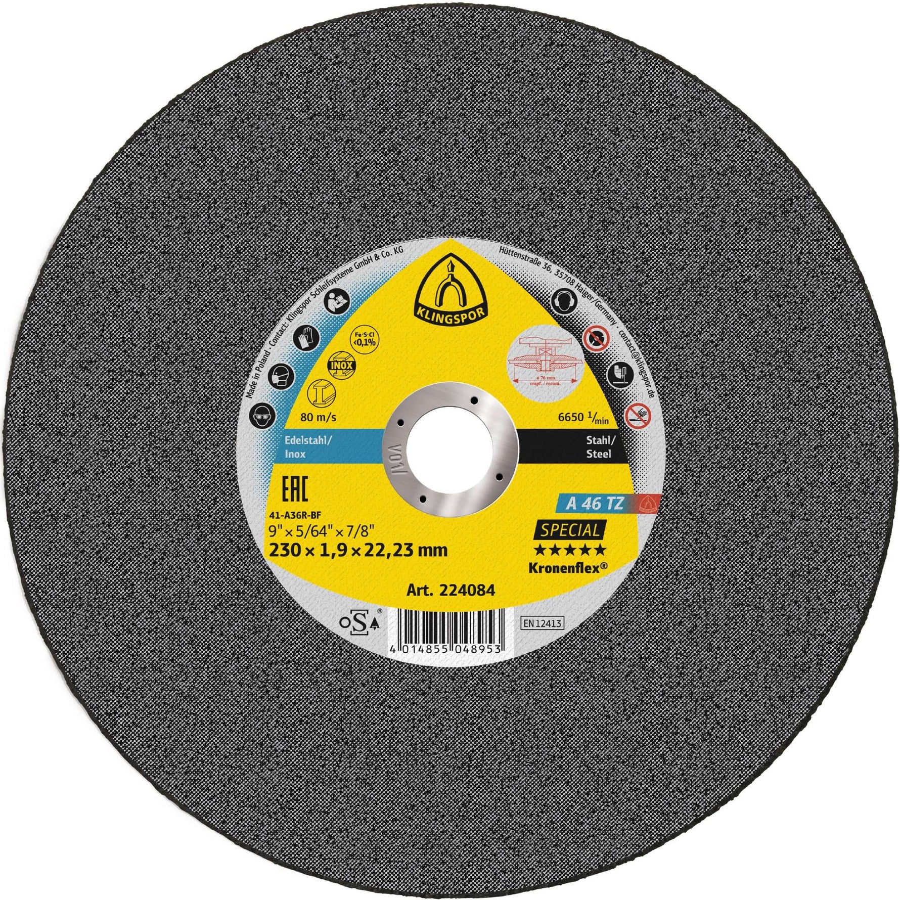 Klingspor 224084 A46 Tz 230mm x1.9mm x22.23mm steel cut off wheel