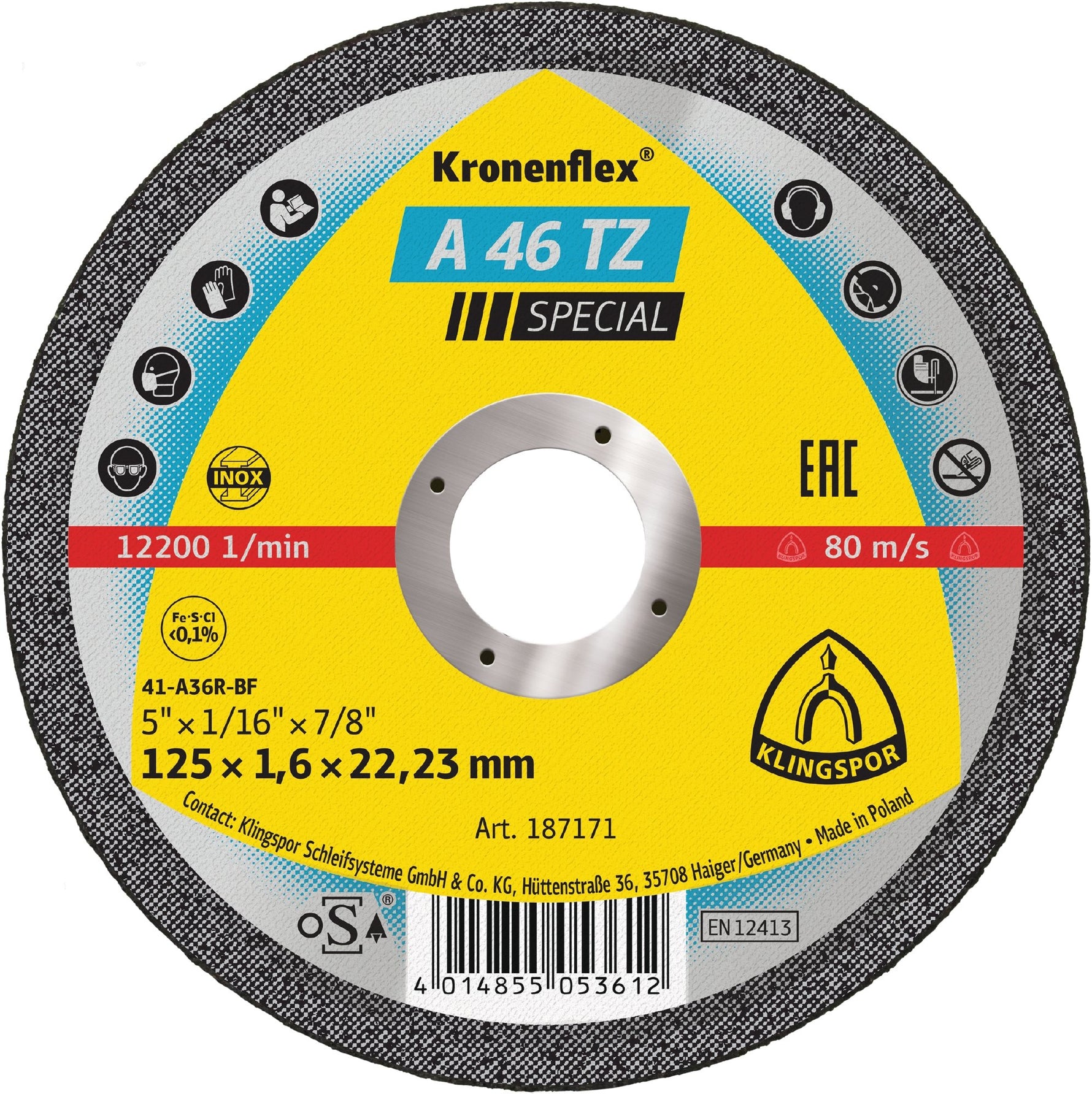 Klingspor 187171 A46 Tz 125mm x1.6mm x22.23mm steel cut off wheel