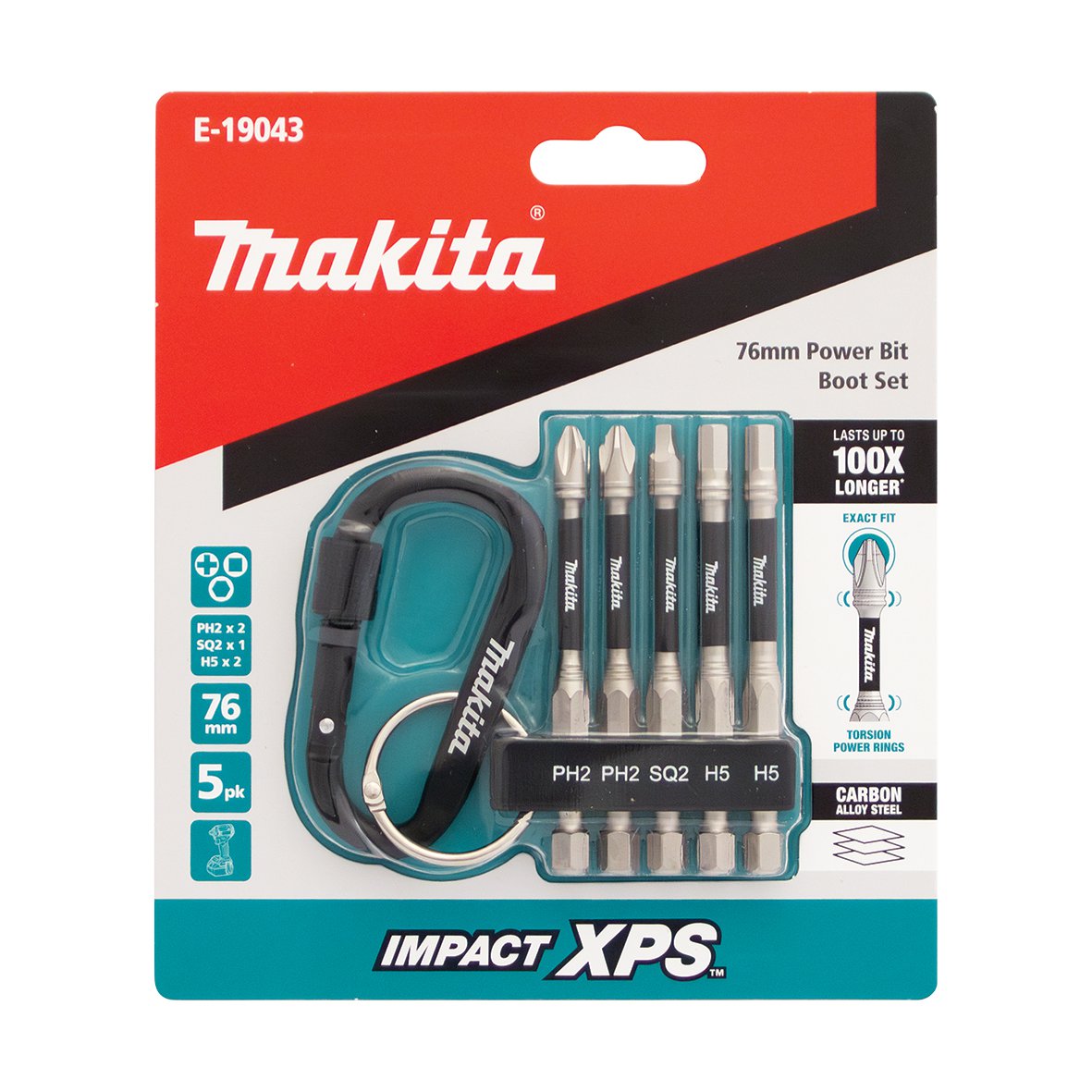 Makita Impact Xps 75mm Mix Set & Carabiner - 5pc ( 2xph2 - 2xhex5 - SQ2 ) E-19043