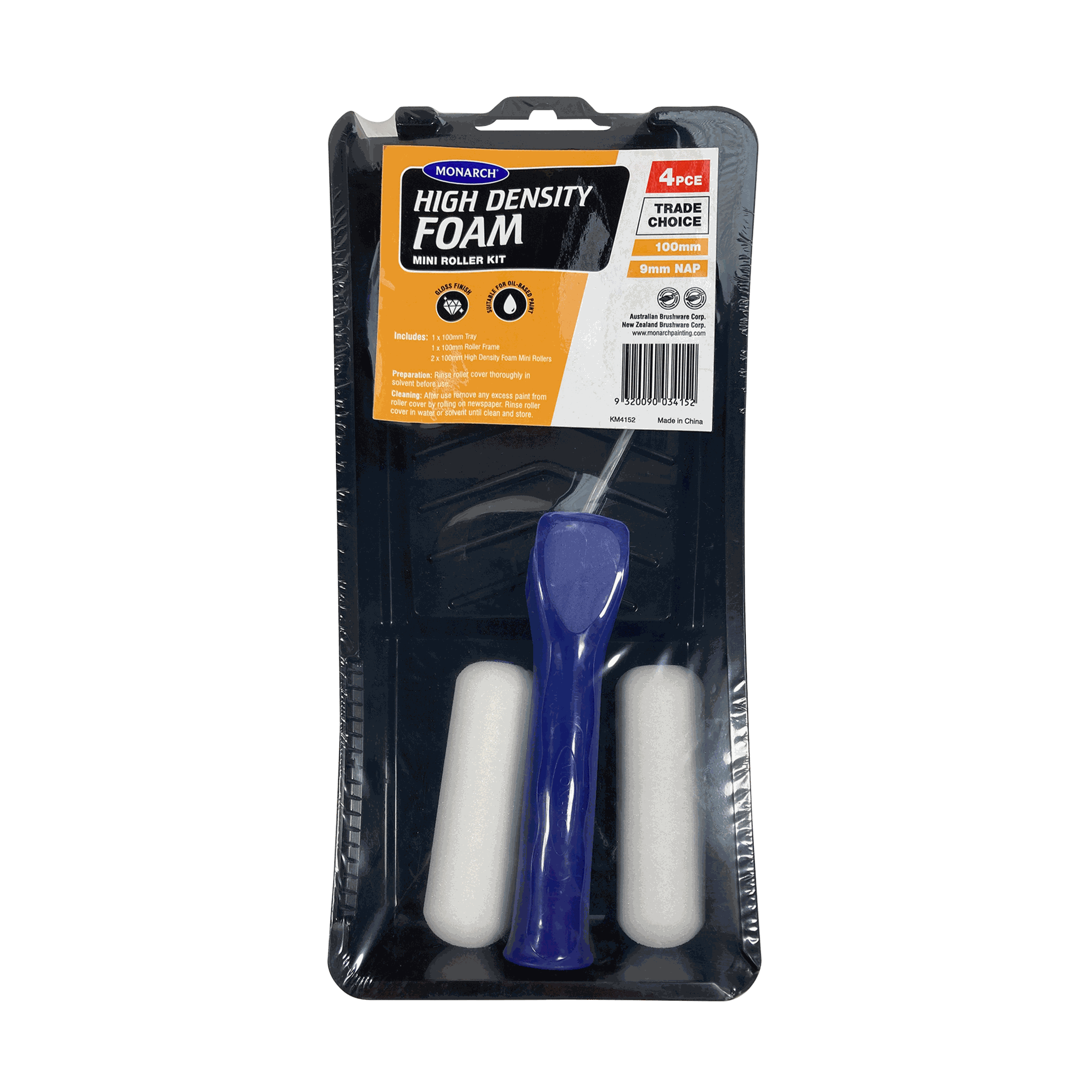 Monarch 4Pce High Density Foam 9mm Mini Roller Kit 100mm