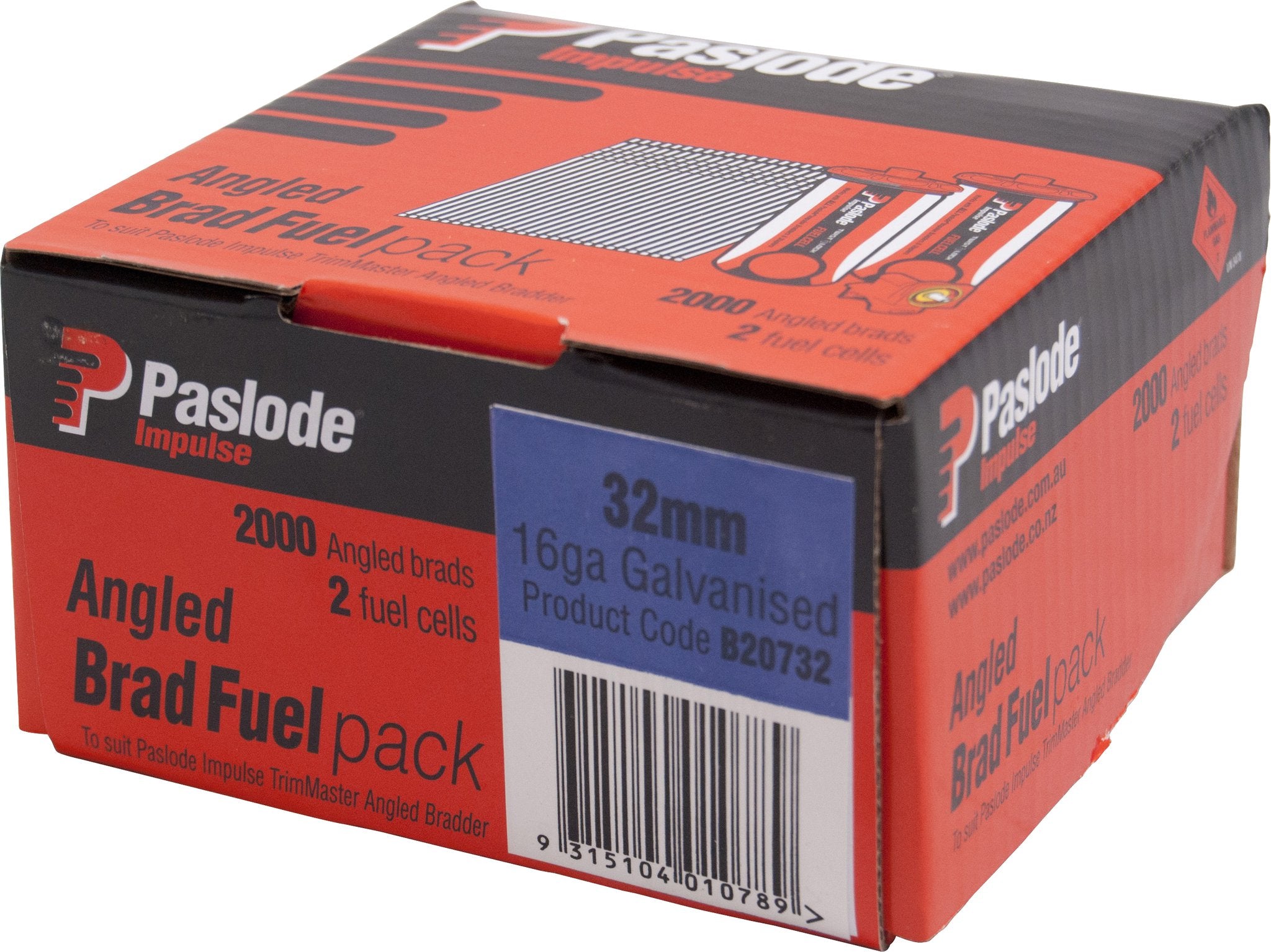 Paslode 32mm 20 Degree C Brad Nails & 2 Fuel Cells - 2000 Pack B20732