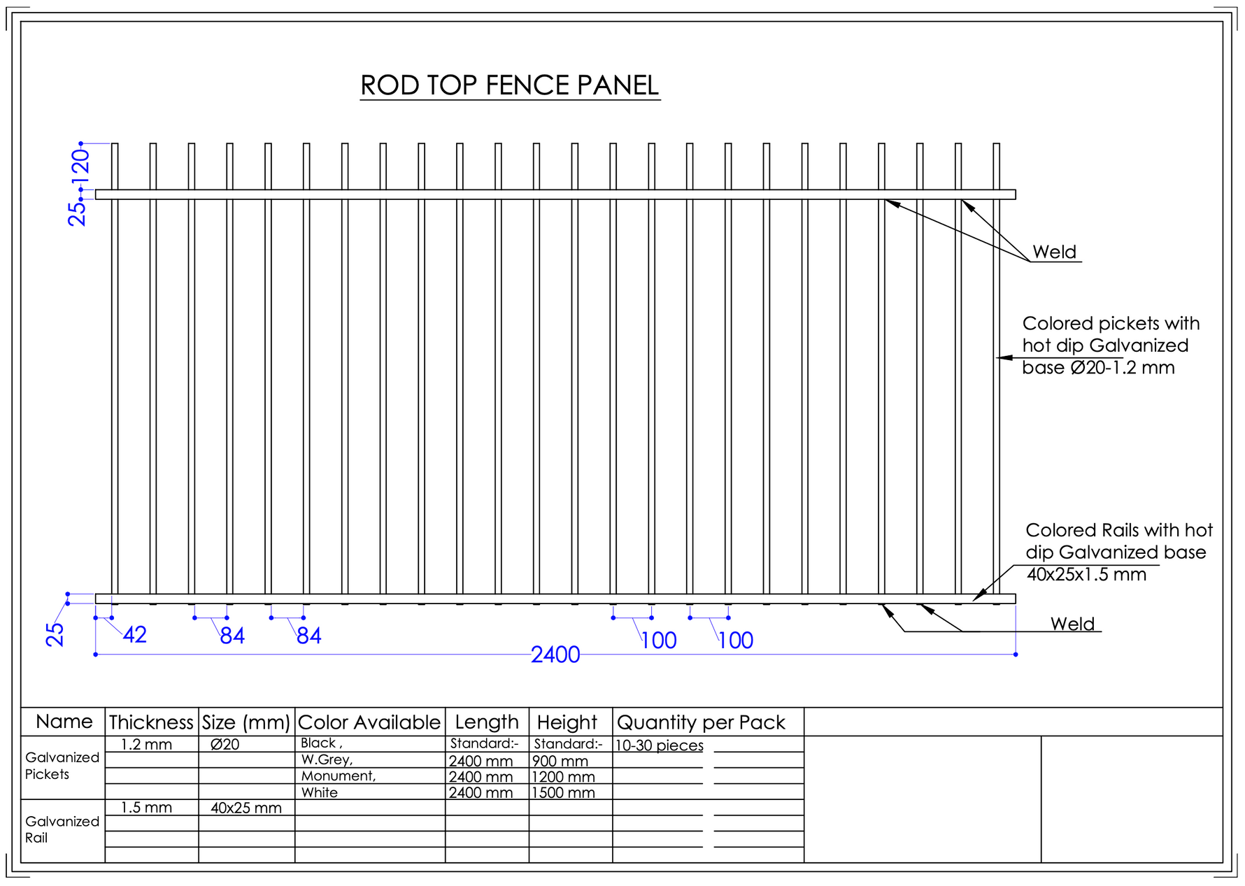 ROD TOP FENCE PANEL- 1500x2400mm [ROUND BAR]