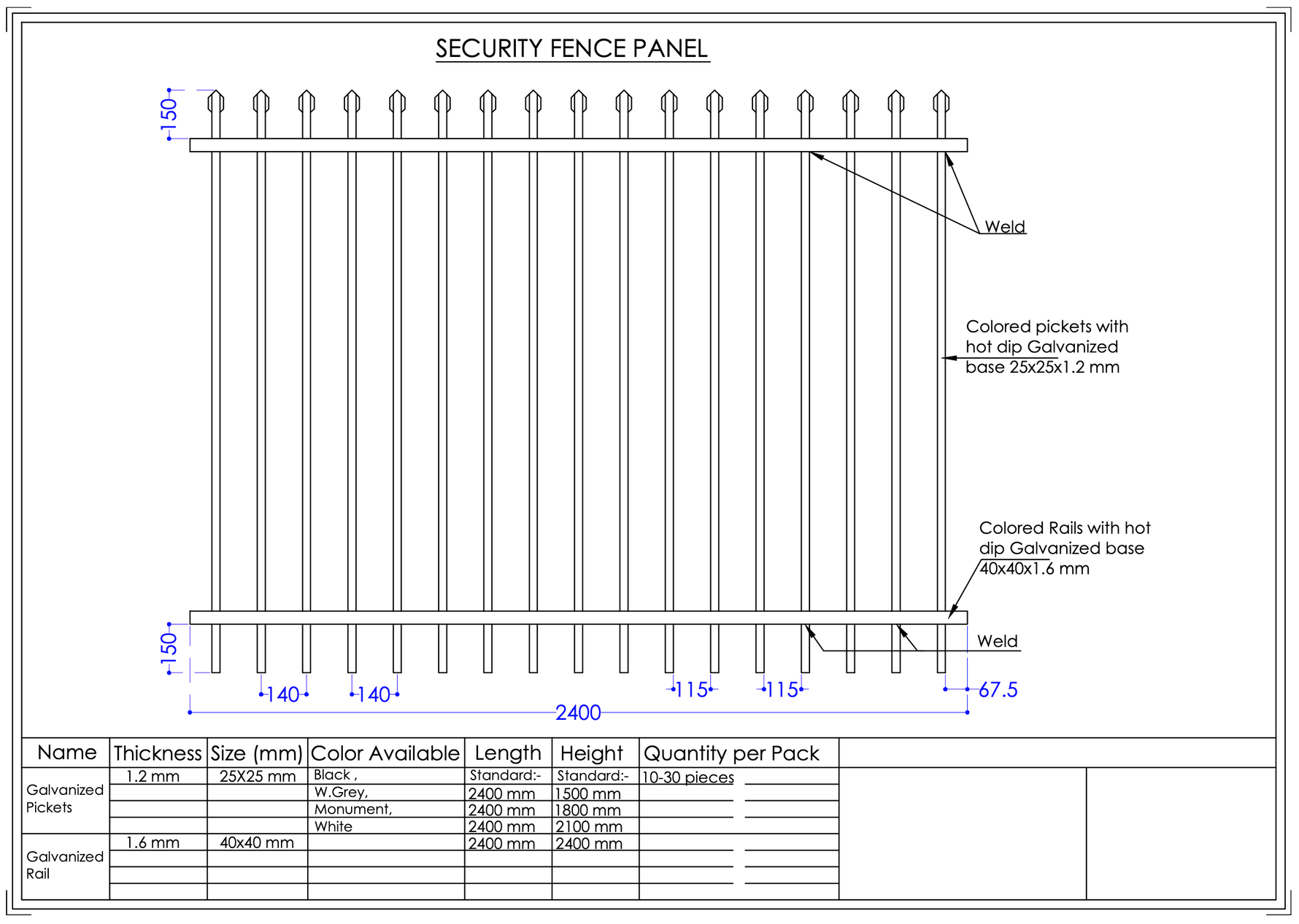 INDUSTRIAL SPEAR TOP SECURITY FENCE PANELS- 2400x2300mm