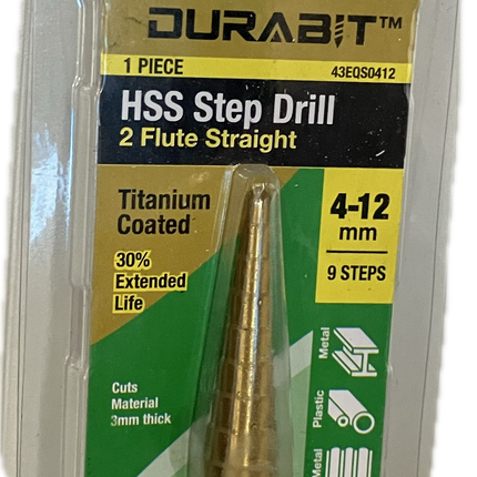 MACSIM DURABIT HSS STEP DRILL 2FLUTE STRAIGHT TITANIUM COATED 4-12MM (9 STEPS) (BLISTER PACK OF 1)