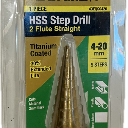 MACSIM DURABIT HSS STEP DRILL 2FLUTE STRAIGHT TITANIUM COATED 4-20MM (9 STEPS) (BLISTER PACK OF 1)