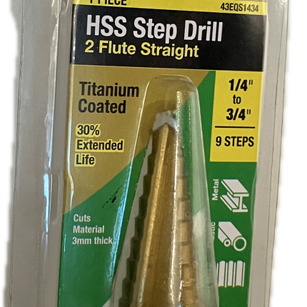 MACSIM DURABIT HSS STEP DRILL 2FLUTE STRAIGHT TITANIUM COATED 1/4"-3/4" (9 STEPS) (BLISTER PACK OF 1)