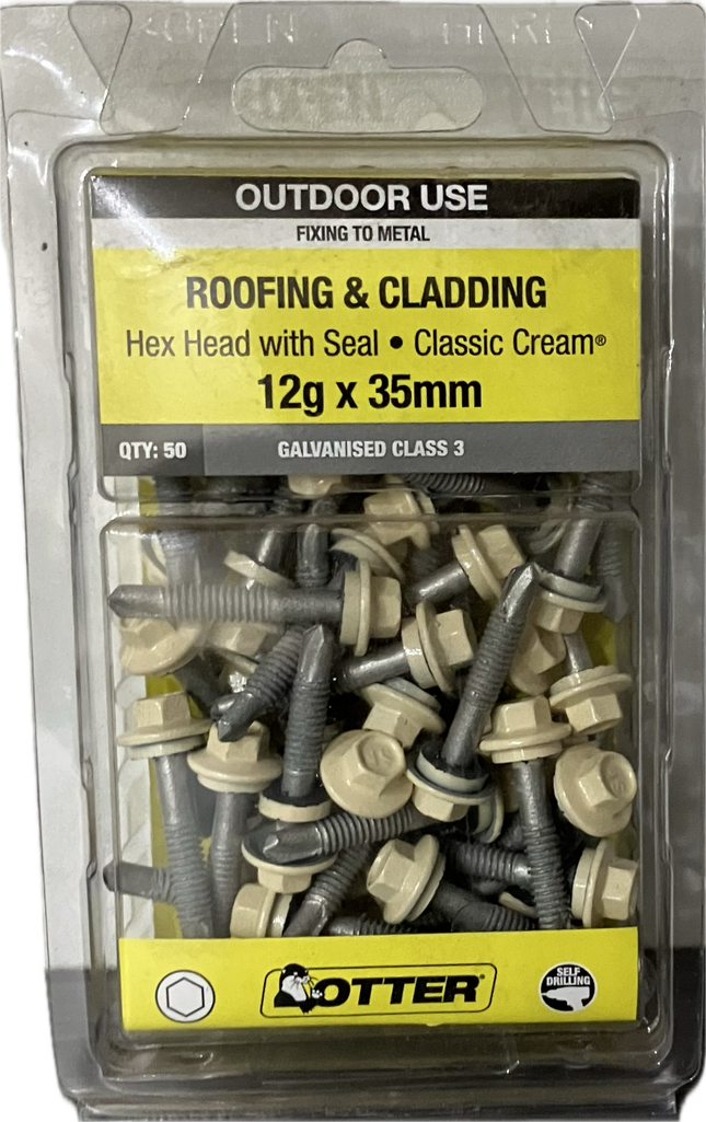 OTTER ROOFING AND CLADDING HEX HEAD WITH SEAL C3 GALVANISED 12Gx35MM SCREW (BLISTER PACK OF 50)