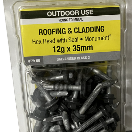 OTTER ROOFING AND CLADDING HEX HEAD WITH SEAL C3 GALVANISED 12Gx35MM SCREW (BLISTER PACK OF 50)