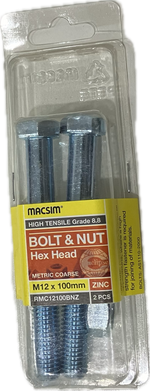 MACSIM HIGH TENSILE GRADE 8.8 HEX HEAD ZINC PLATED BOLT&NUT M12x100MM (BLISTER PACK OF 2)