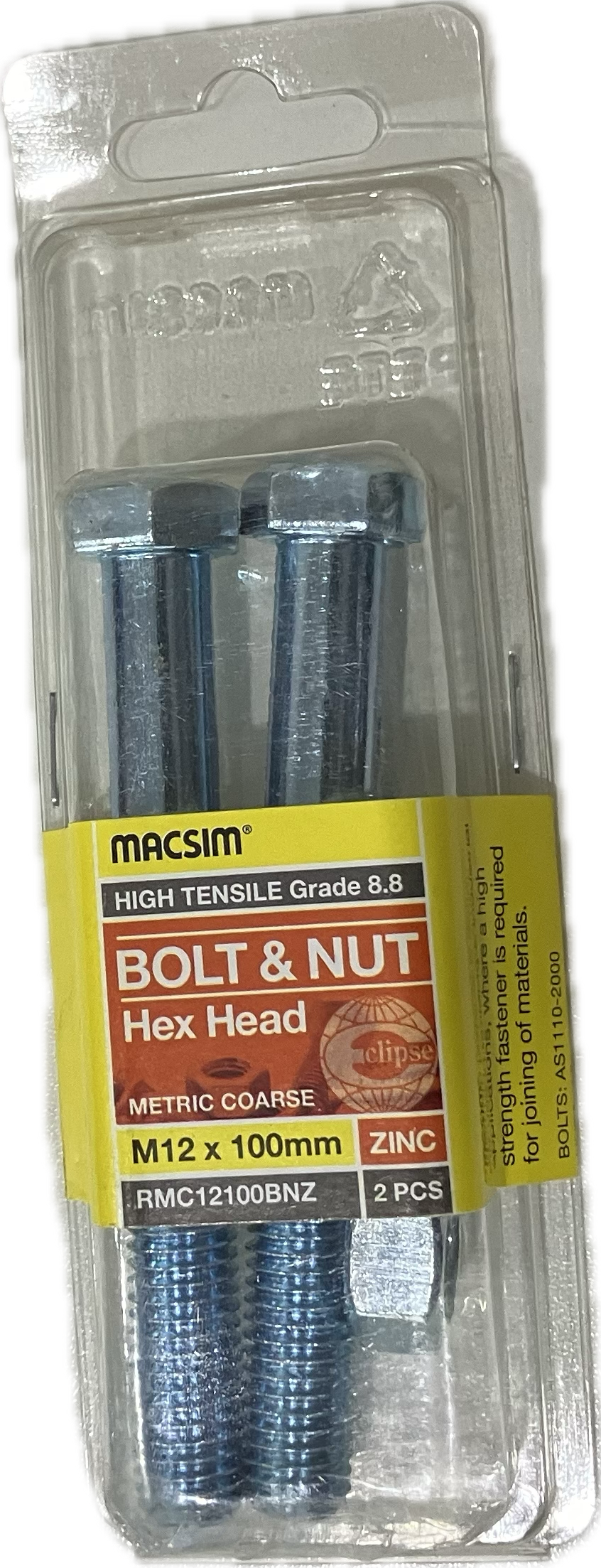 MACSIM HIGH TENSILE GRADE 8.8 HEX HEAD ZINC PLATED BOLT&NUT M12x100MM (BLISTER PACK OF 2)