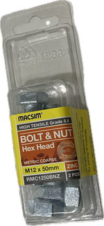 MACSIM HIGH TENSILE GRADE 8.8 HEX HEAD ZINC PLATED BOLT &NUT M12x50MM (BLISTER PACK OF 2)
