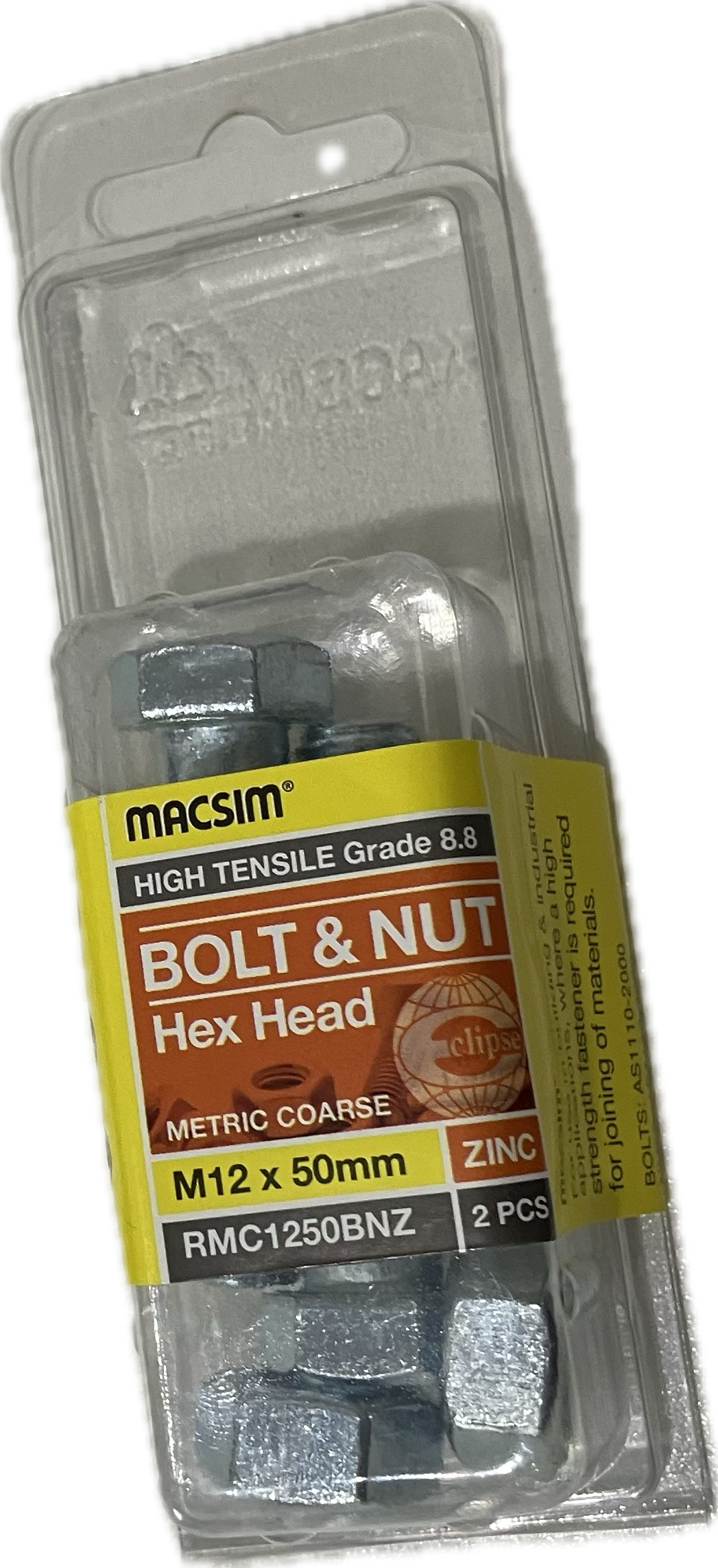 MACSIM HIGH TENSILE GRADE 8.8 HEX HEAD ZINC PLATED BOLT &NUT M12x50MM (BLISTER PACK OF 2)